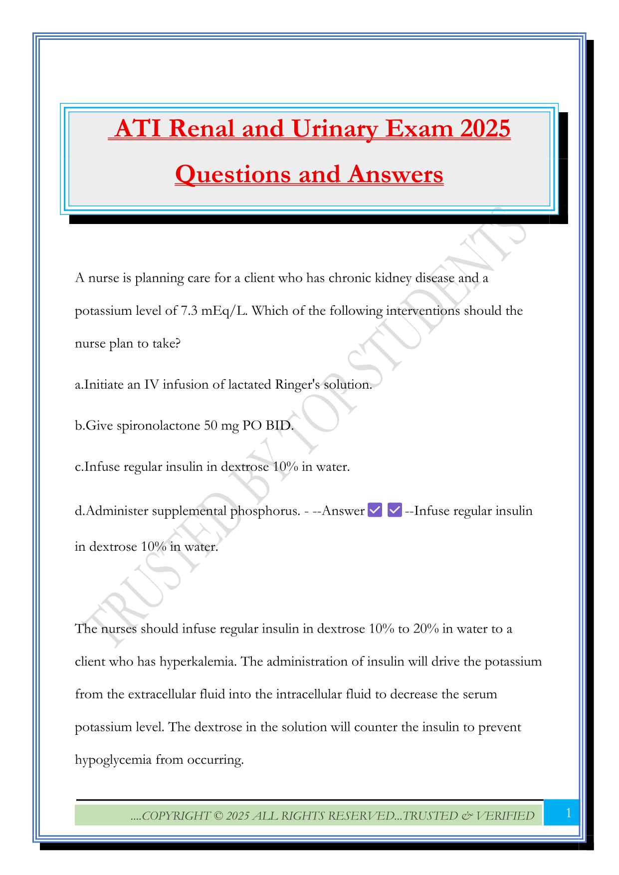ATI Renal and Urinary Exam 2025 Questions and Answers