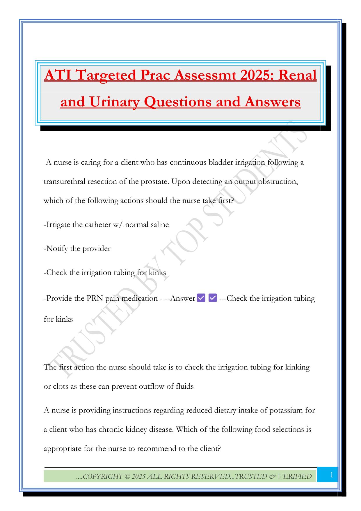 ATI Targeted Prac Assessmt 2025: Renal and Urinary Questions and Answers