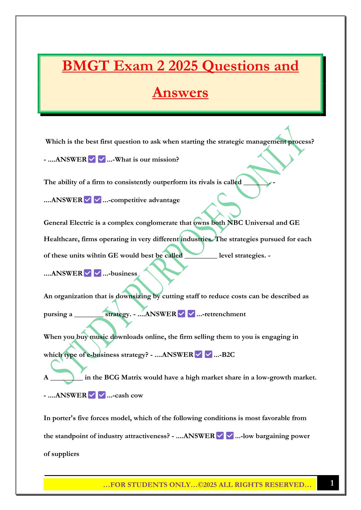 BMGT Exam 2 2025 Questions and Answers