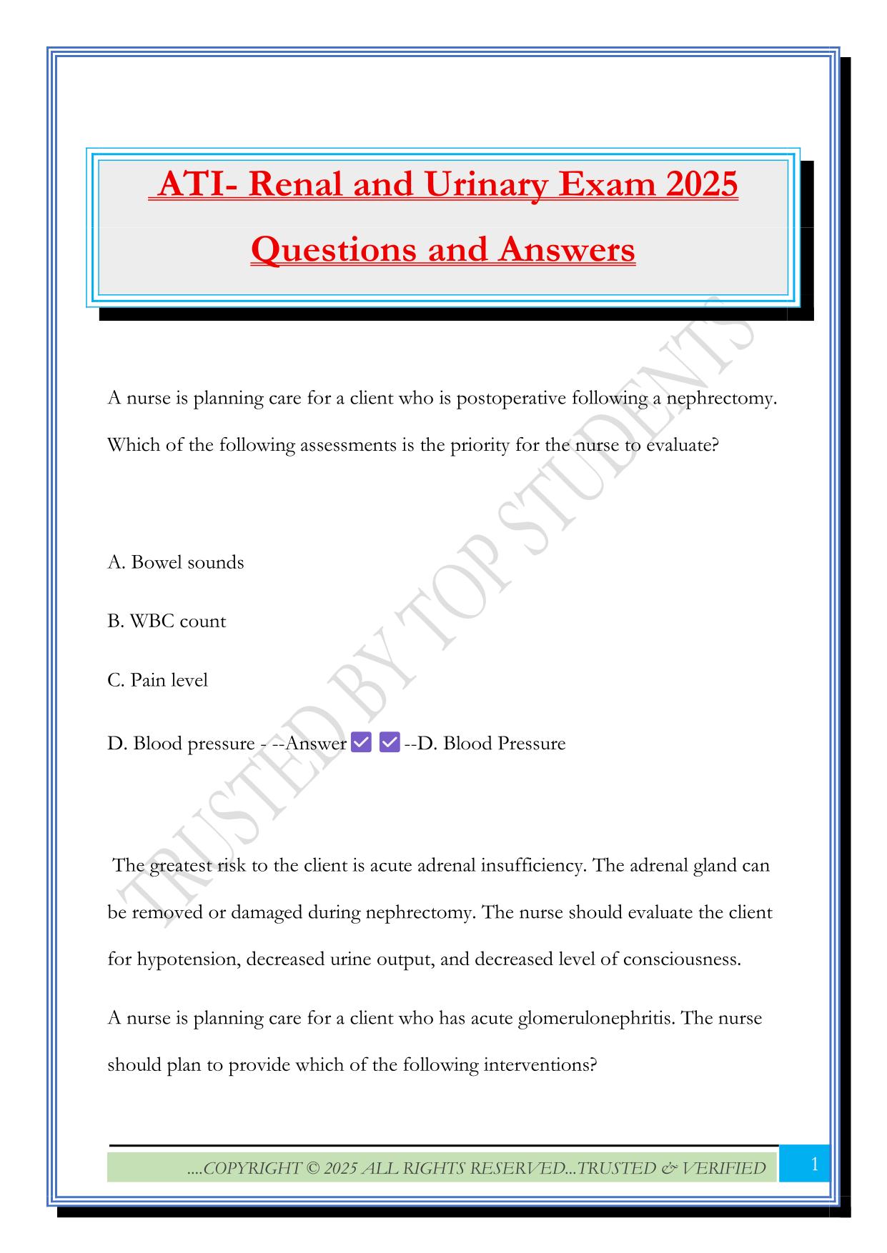 ATI- Renal and Urinary Exam 2025 Questions and Answers