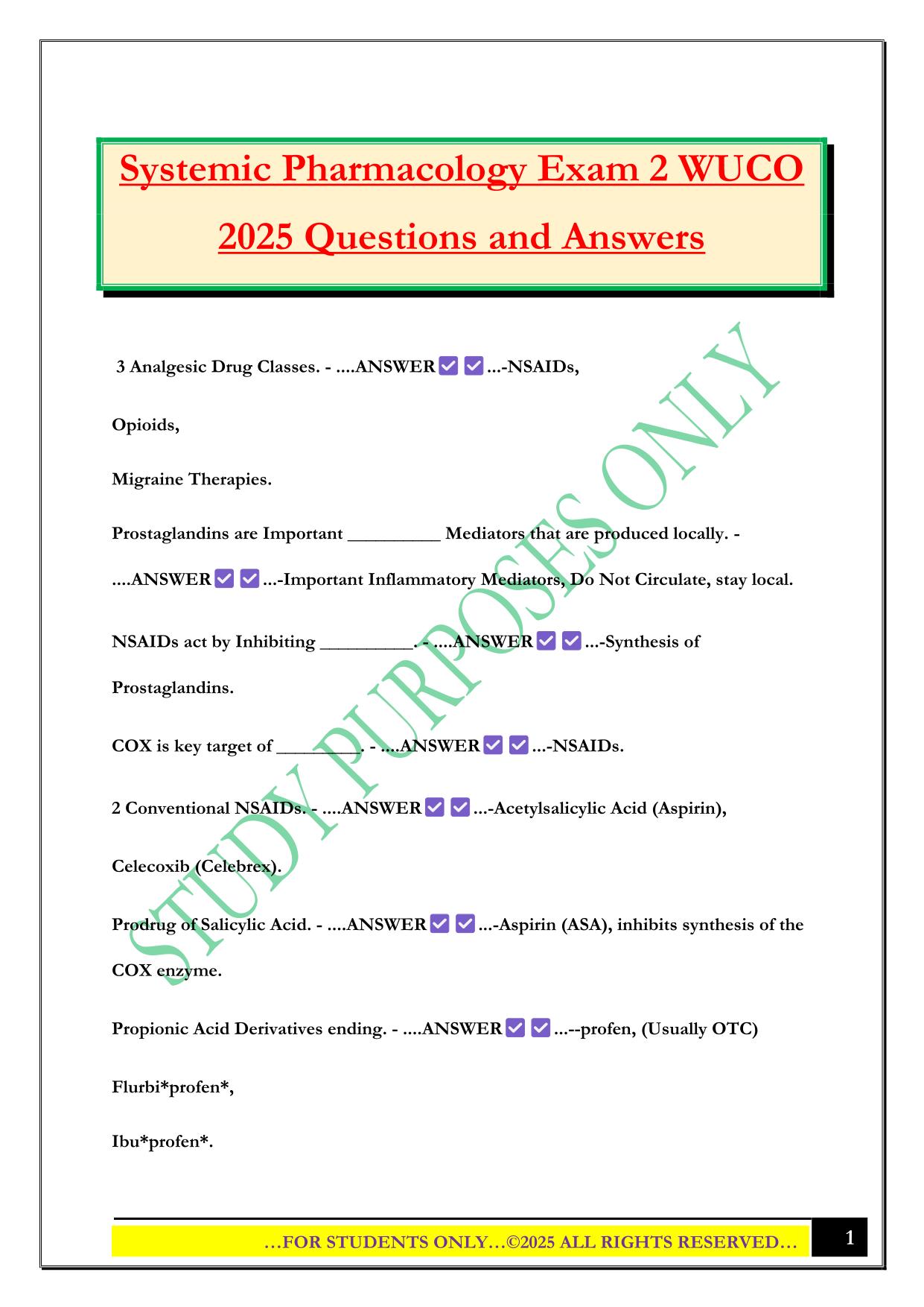 Systemic Pharmacology Exam 2 WUCO 2025 Questions and Answers