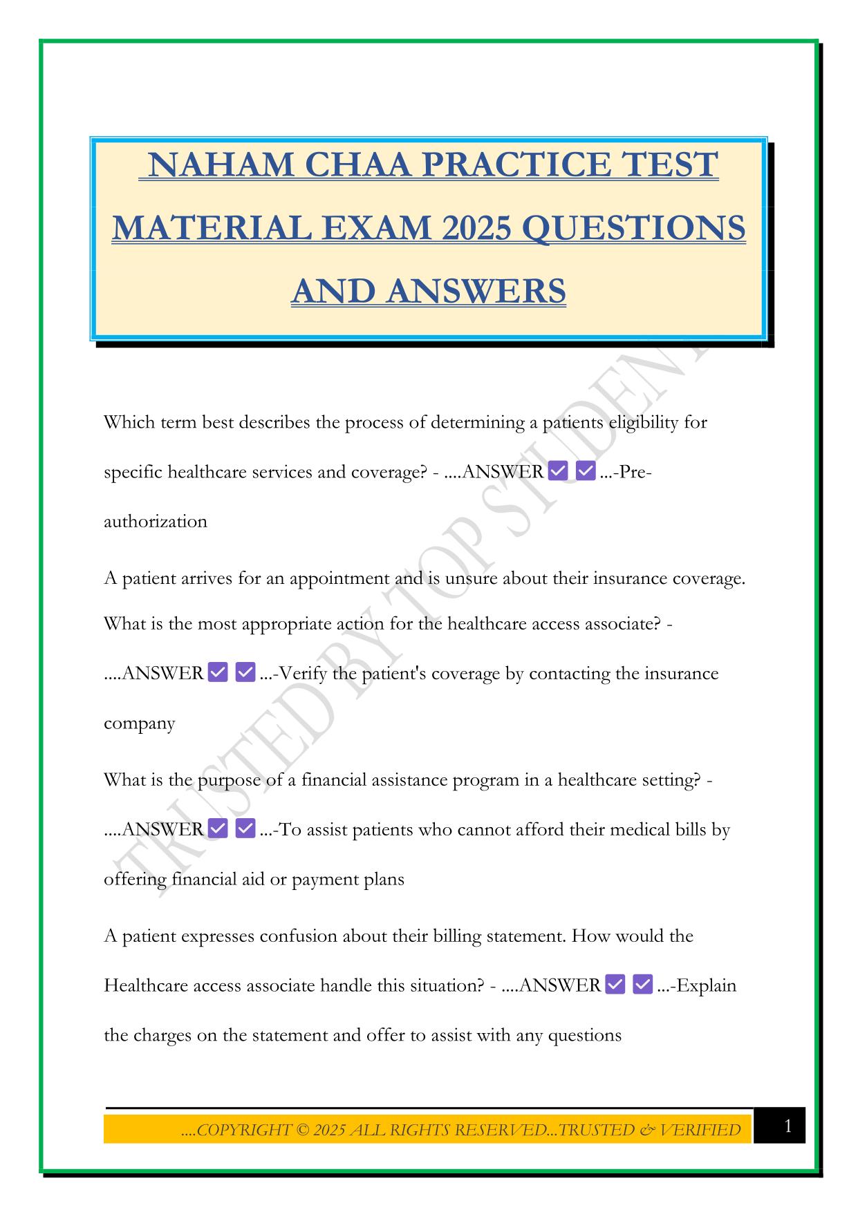 NAHAM CHAA PRACTICE TEST MATERIAL EXAM 2025 QUESTIONS AND ANSWERS