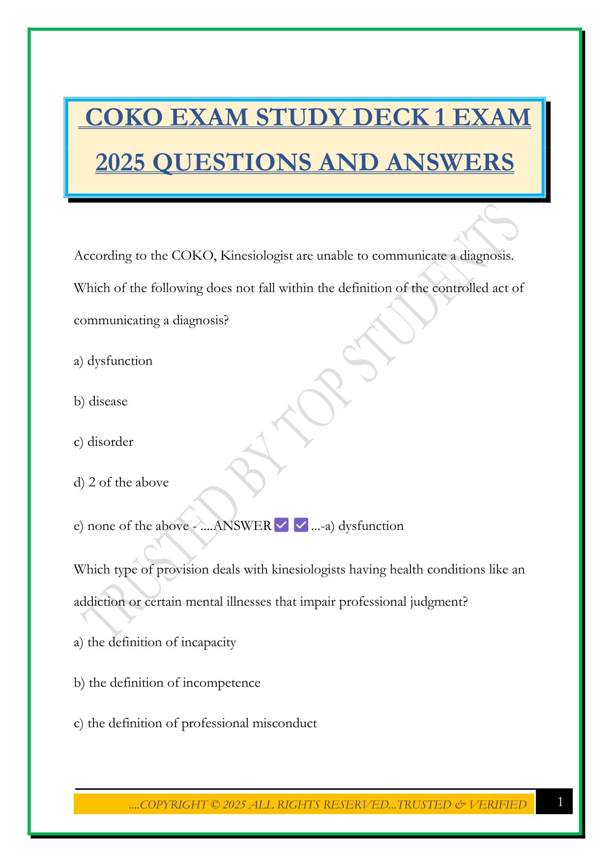 COKO EXAM STUDY DECK 1 EXAM 2025 QUESTIONS AND ANSWERS
