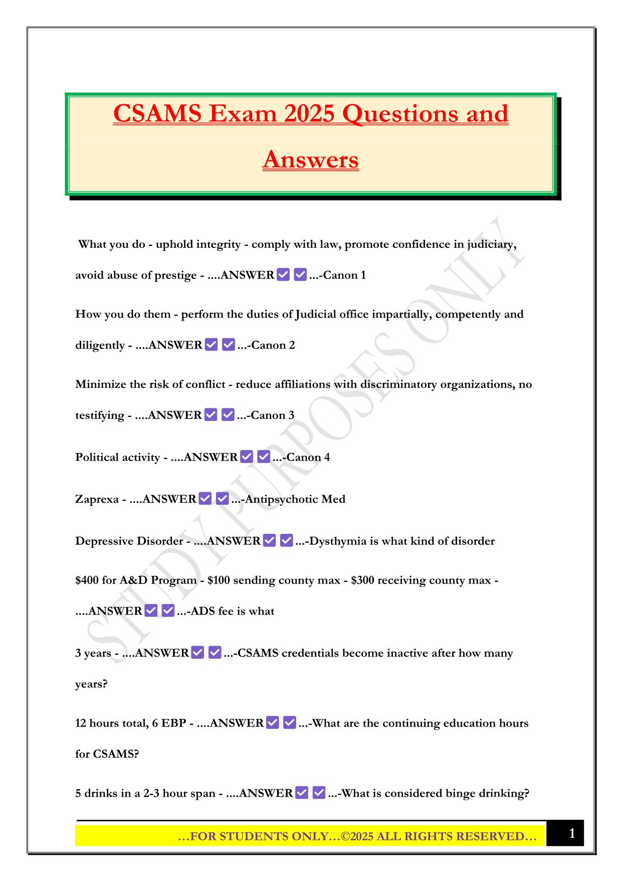 CSAMS Exam 2025 Questions and Answers