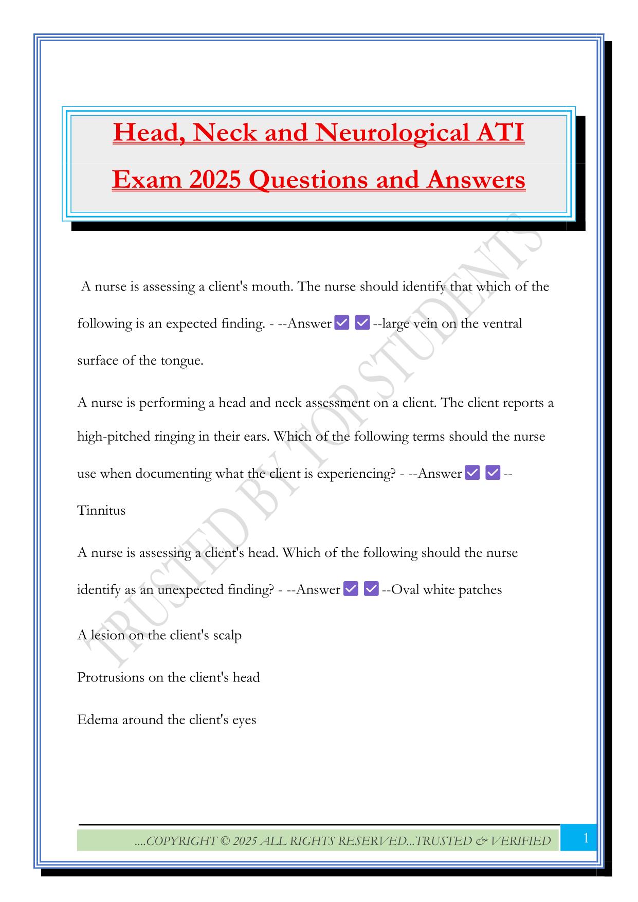Head, Neck and Neurological ATI Exam 2025 Questions and Answers