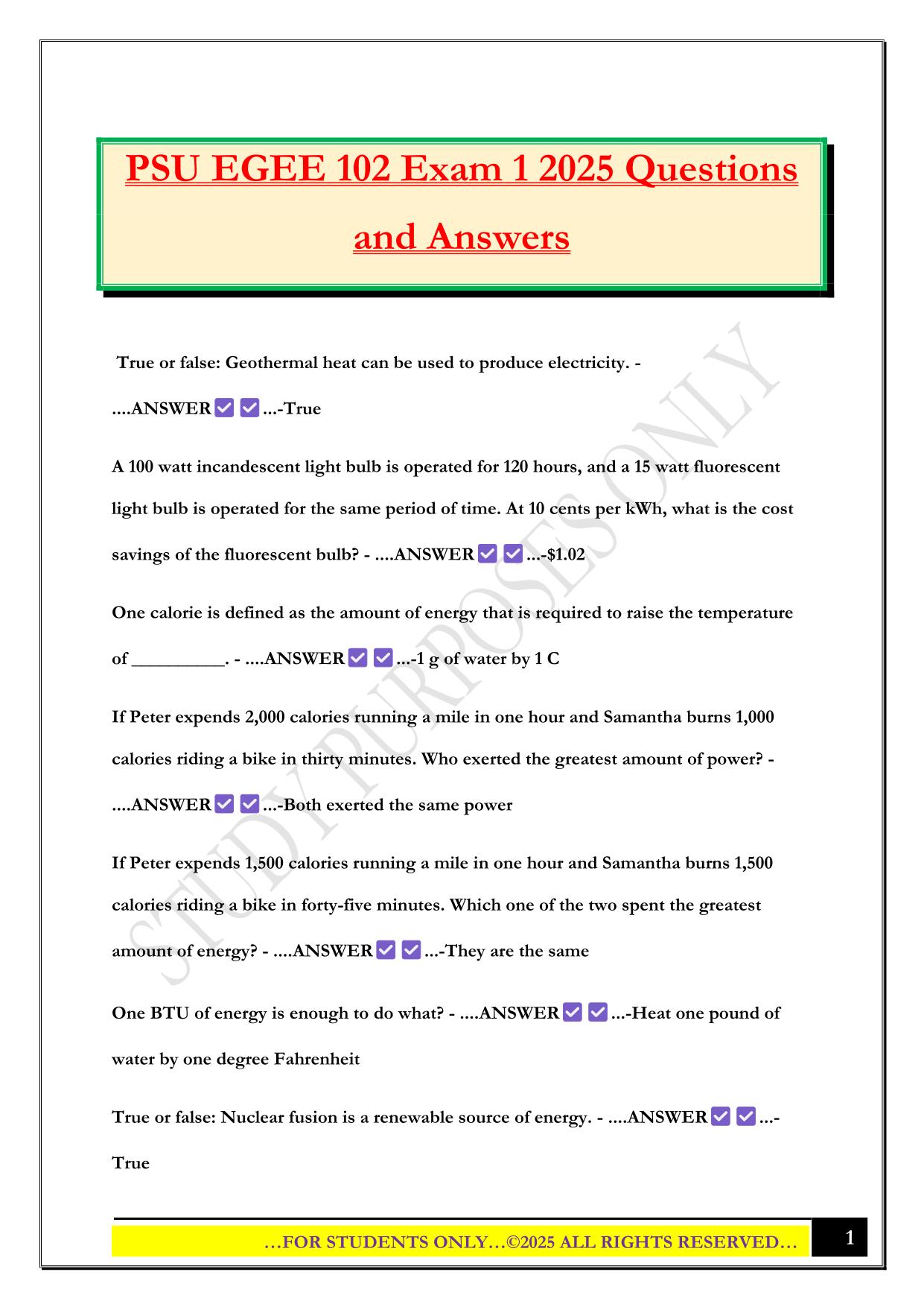 PSU EGEE 102 Exam 1 2025 Questions and Answers