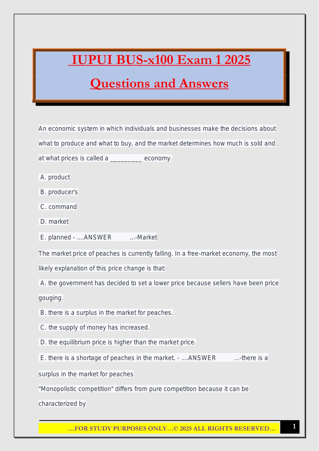 IUPUI BUS-x100 Exam 1 2025 Questions and Answers