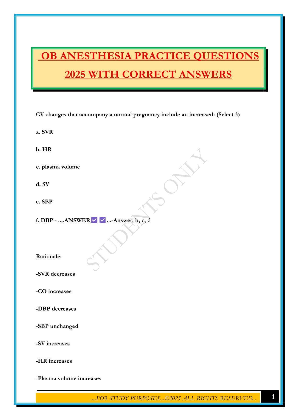 OB ANESTHESIA PRACTICE QUESTIONS 2025 WITH CORRECT ANSWERS