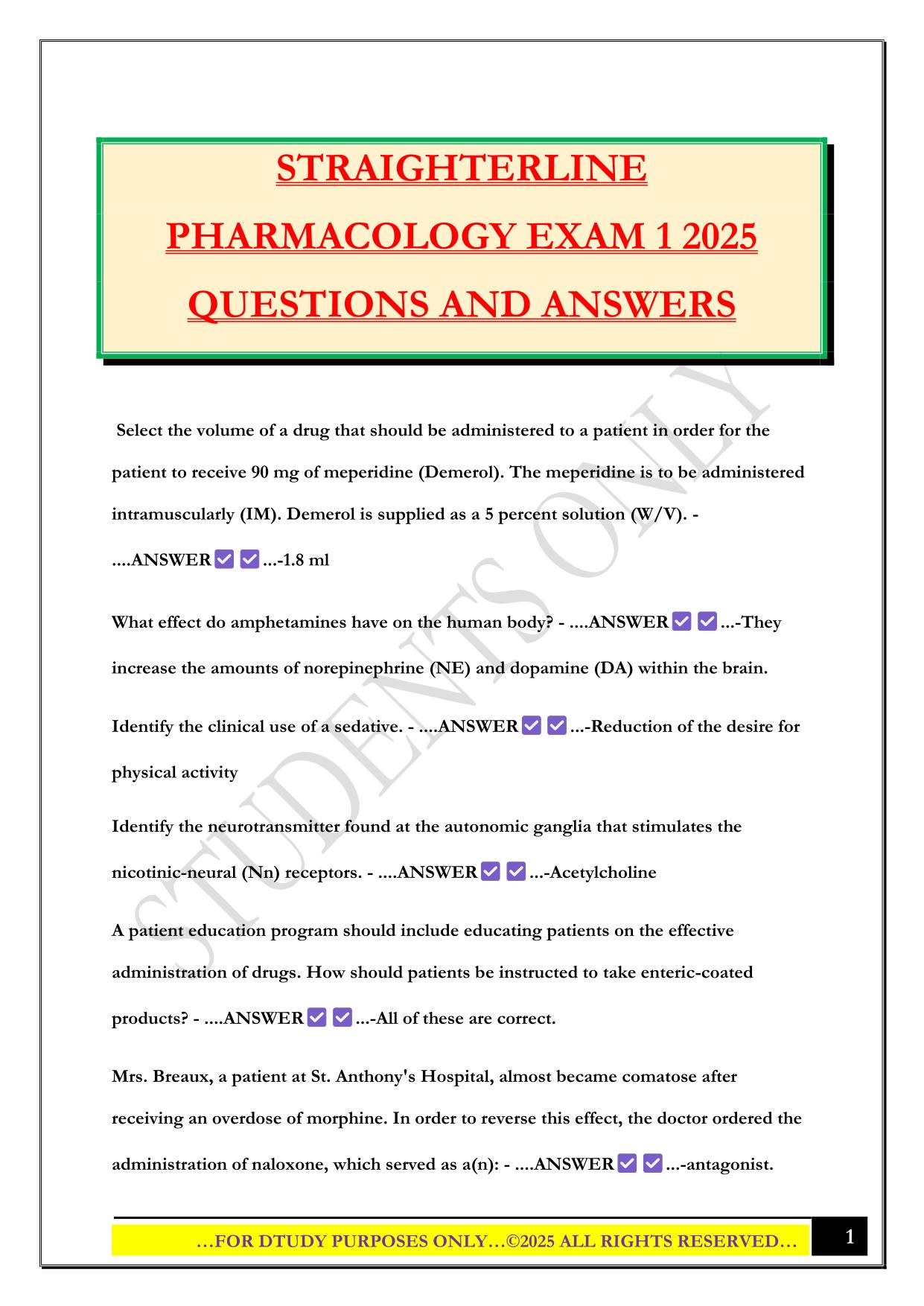 STRAIGHTERLINE PHARMACOLOGY EXAM 1 2025 QUESTIONS AND ANSWERS