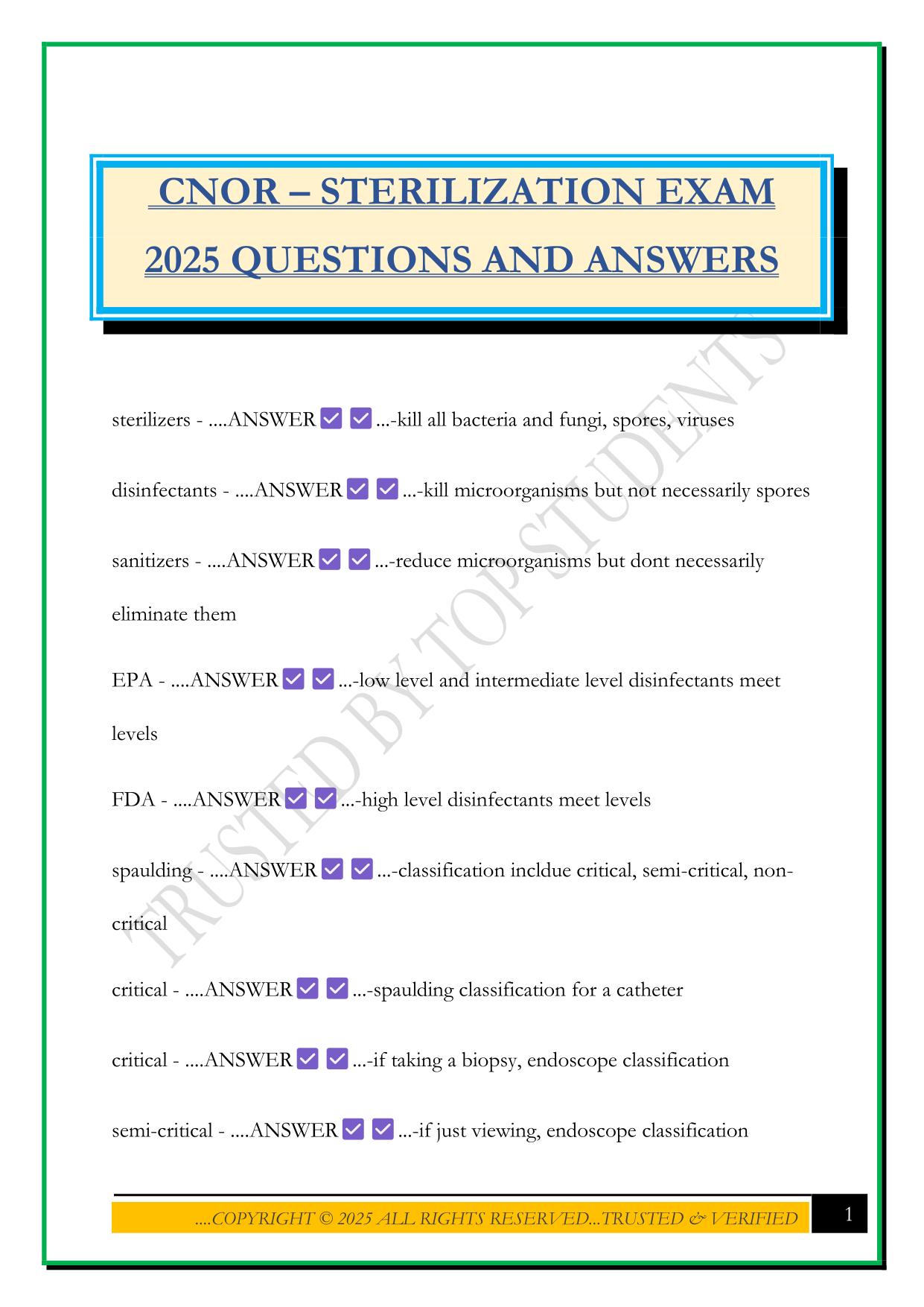 CNOR – STERILIZATION EXAM 2025 QUESTIONS AND ANSWERS