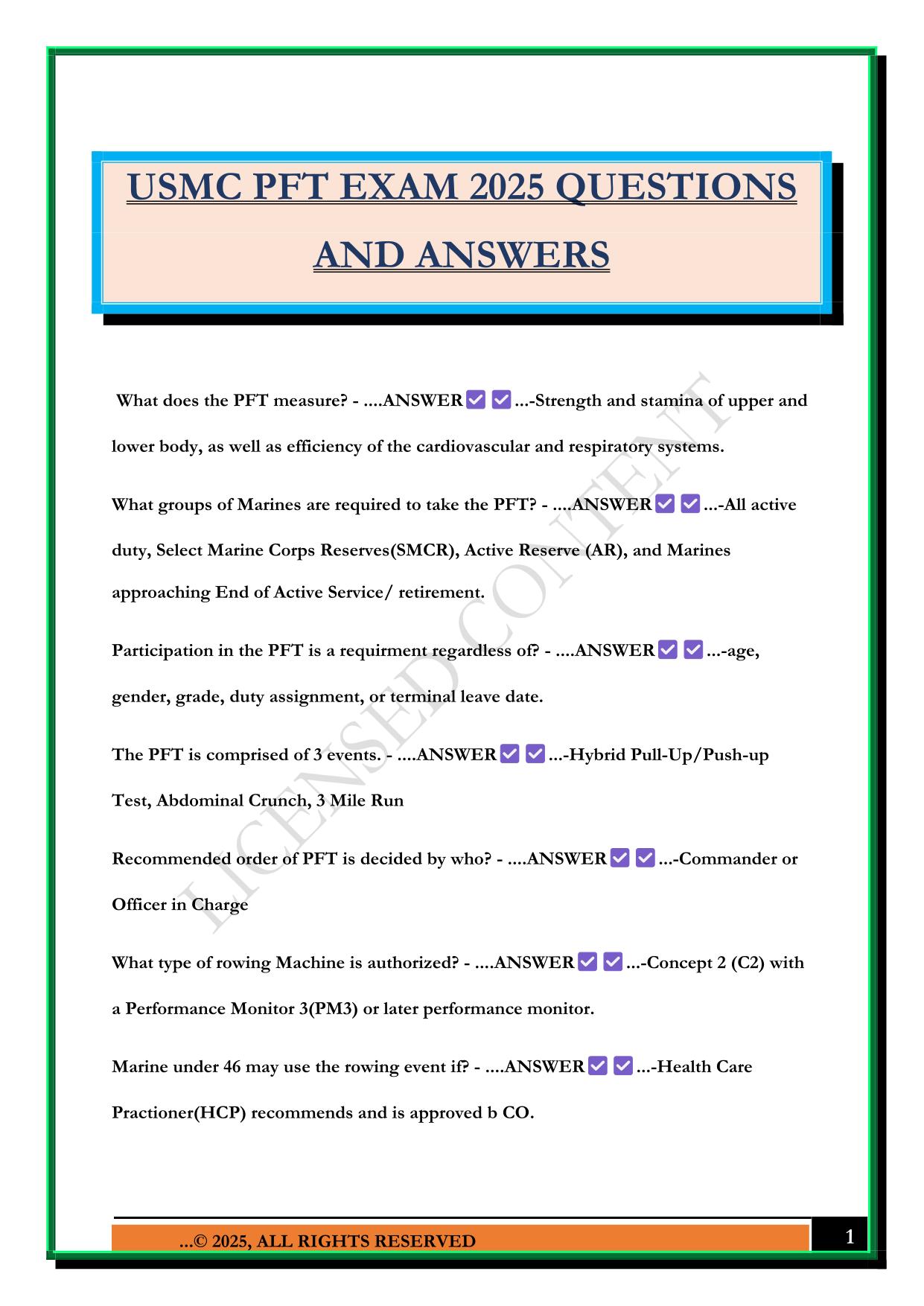 USMC PFT EXAM 2025 QUESTIONS AND ANSWERS