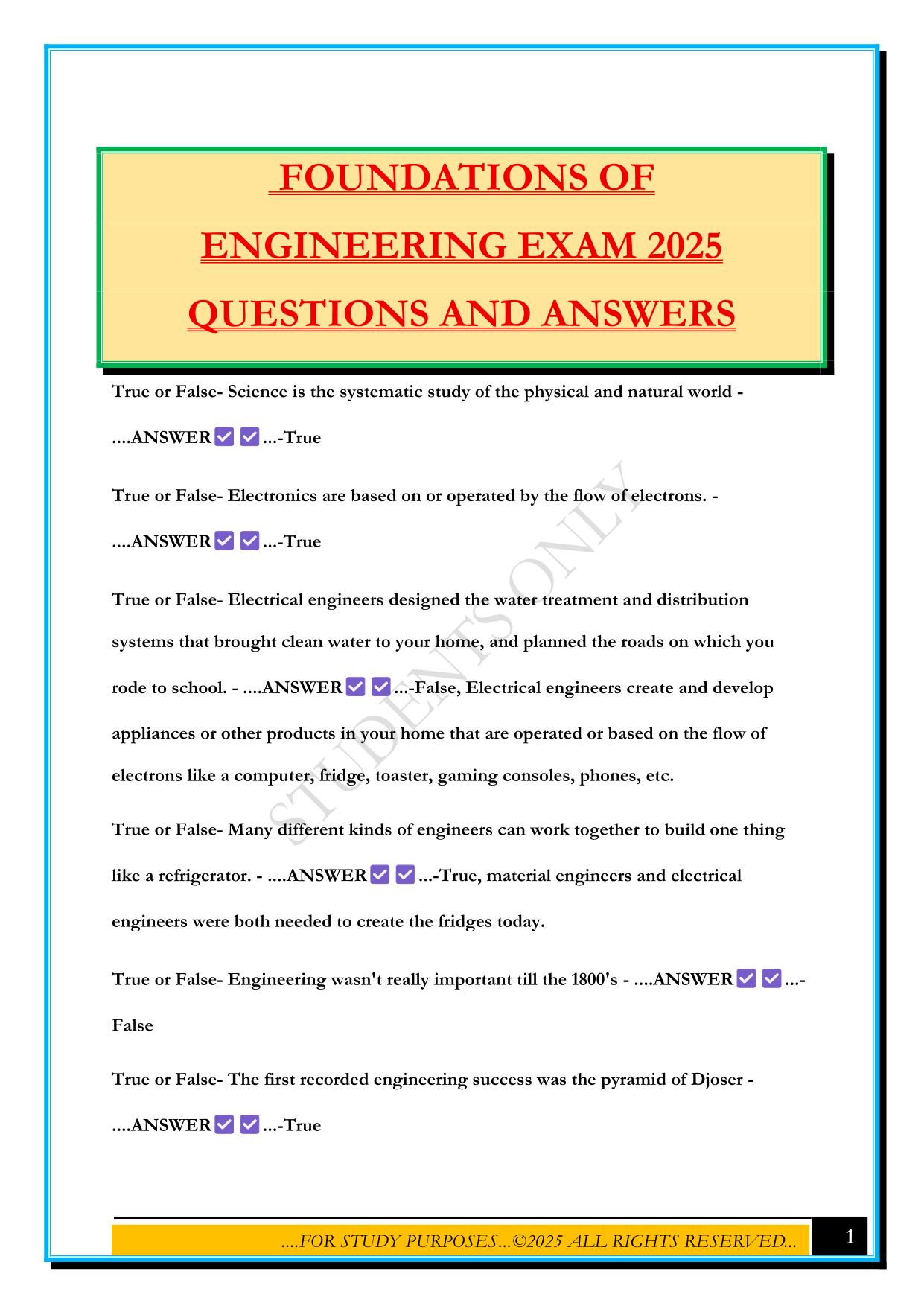 FOUNDATIONS OF ENGINEERING EXAM 2025 QUESTIONS AND ANSWERS