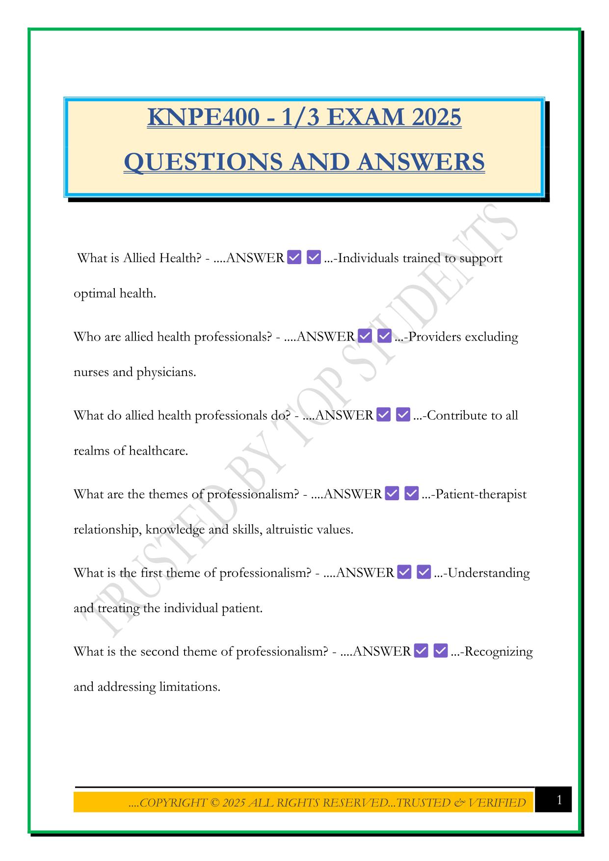 KNPE400 - 1/3 EXAM 2025 QUESTIONS AND ANSWERS
