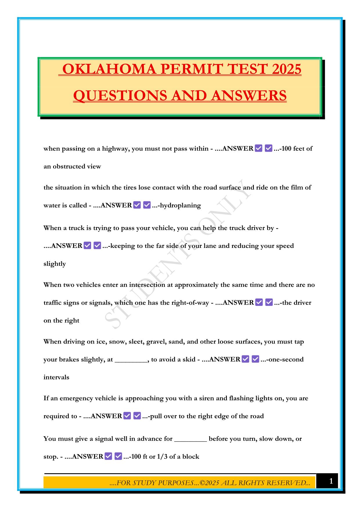 OKLAHOMA PERMIT TEST 2025 QUESTIONS AND ANSWERS