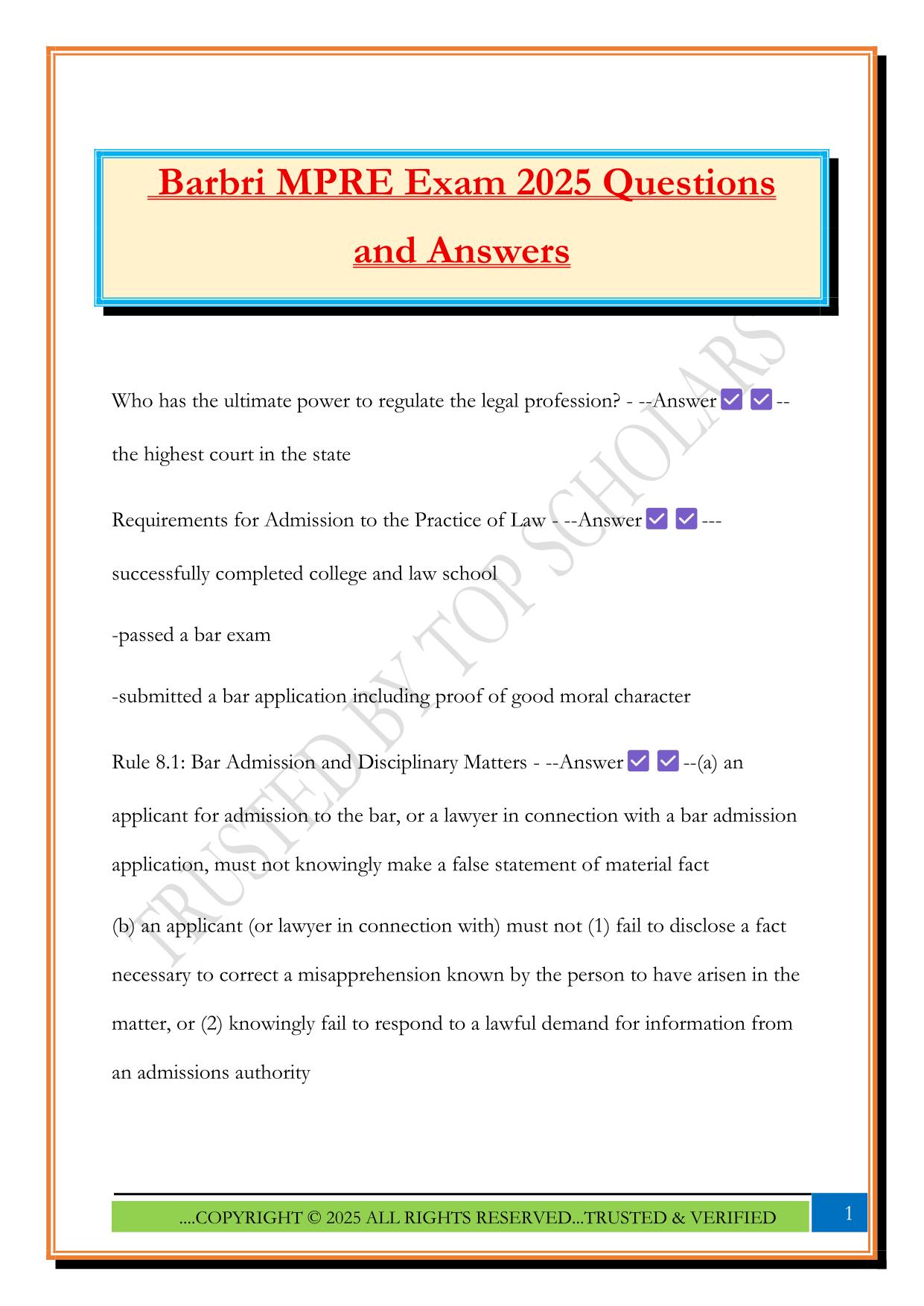 Barbri MPRE Exam 2025 Questions and Answers