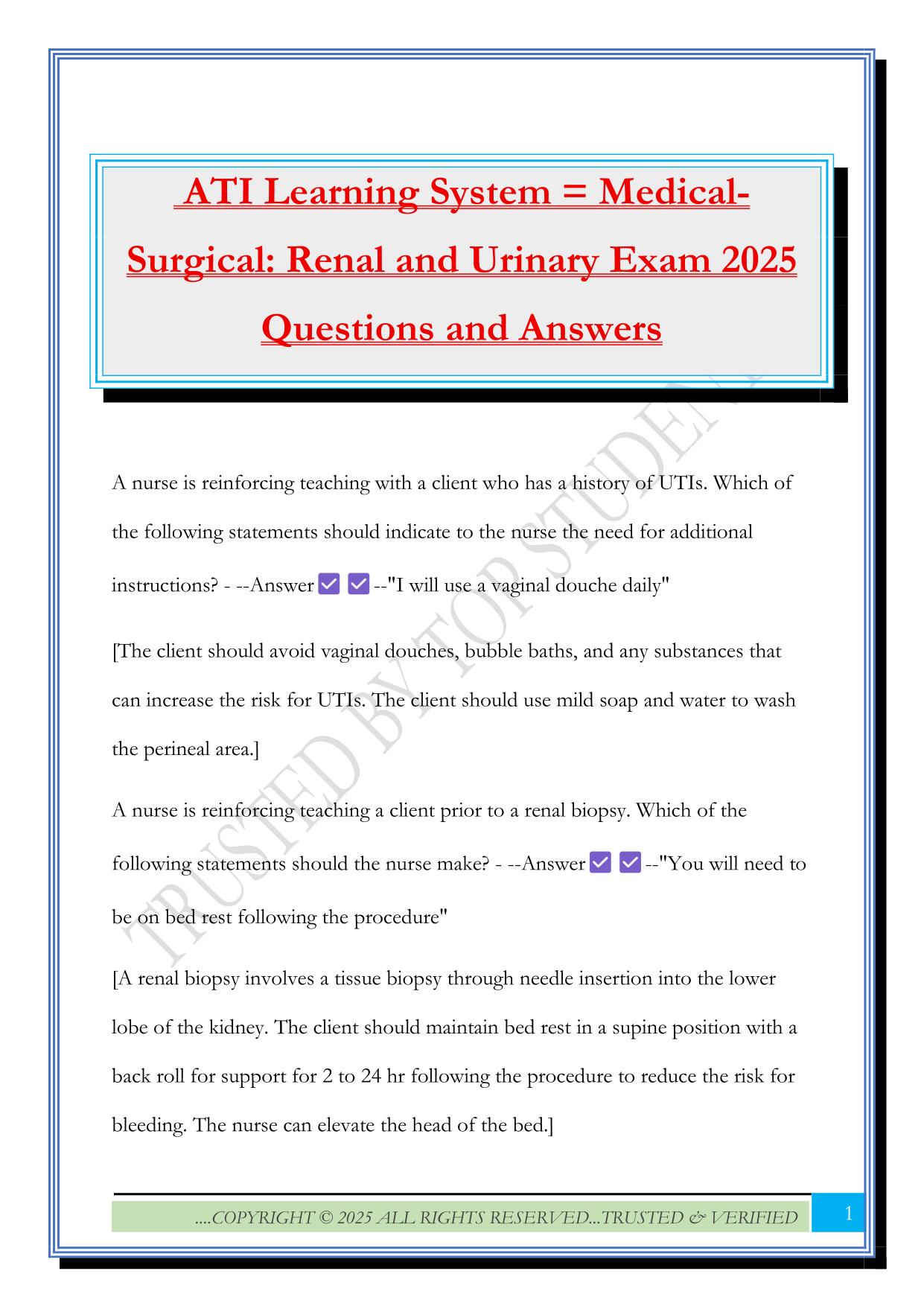 ATI Learning System = Medical- Surgical: Renal and Urinary Exam 2025 Questions and Answers