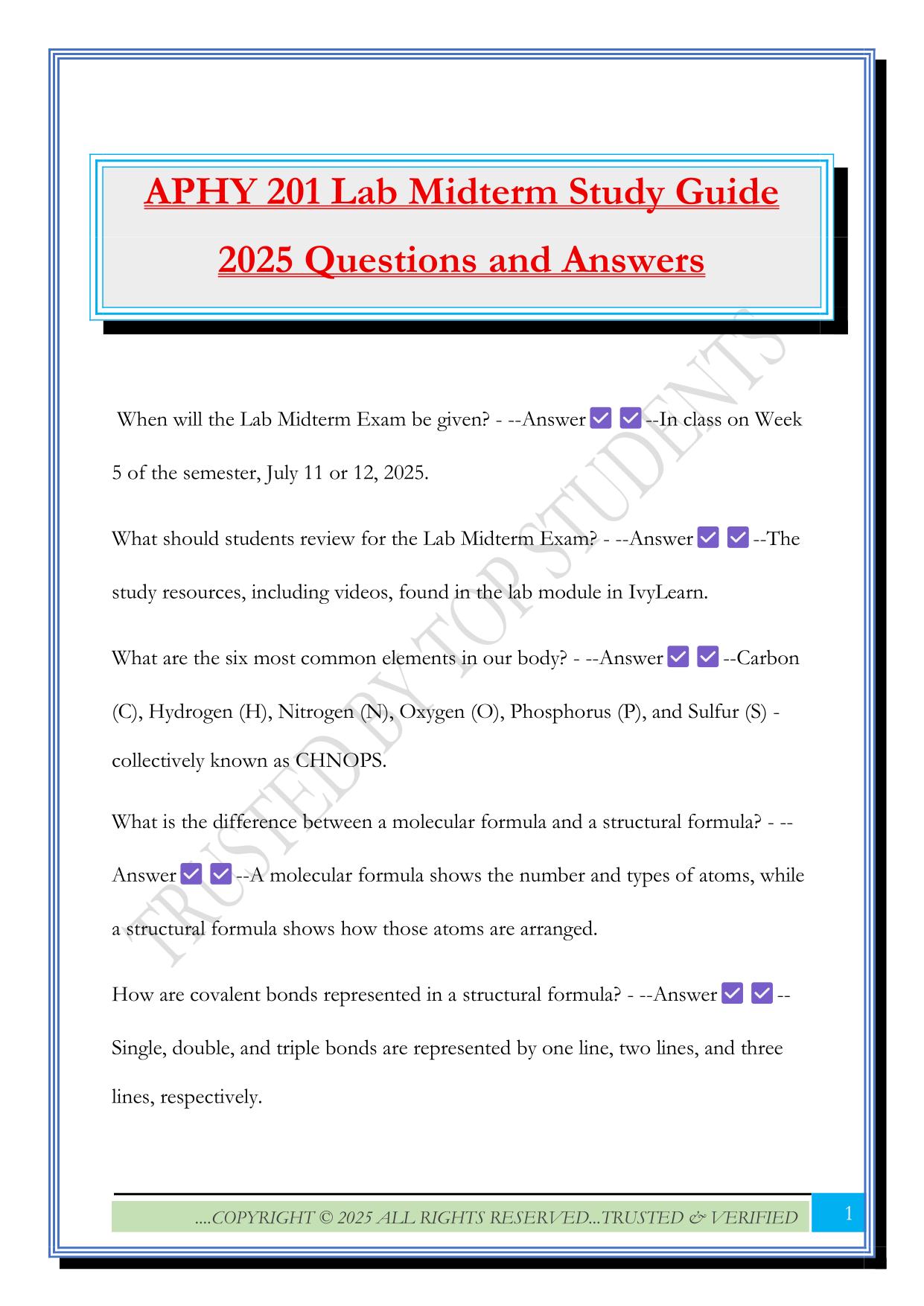 APHY 201 Lab Midterm Study Guide 2025 Questions and Answers