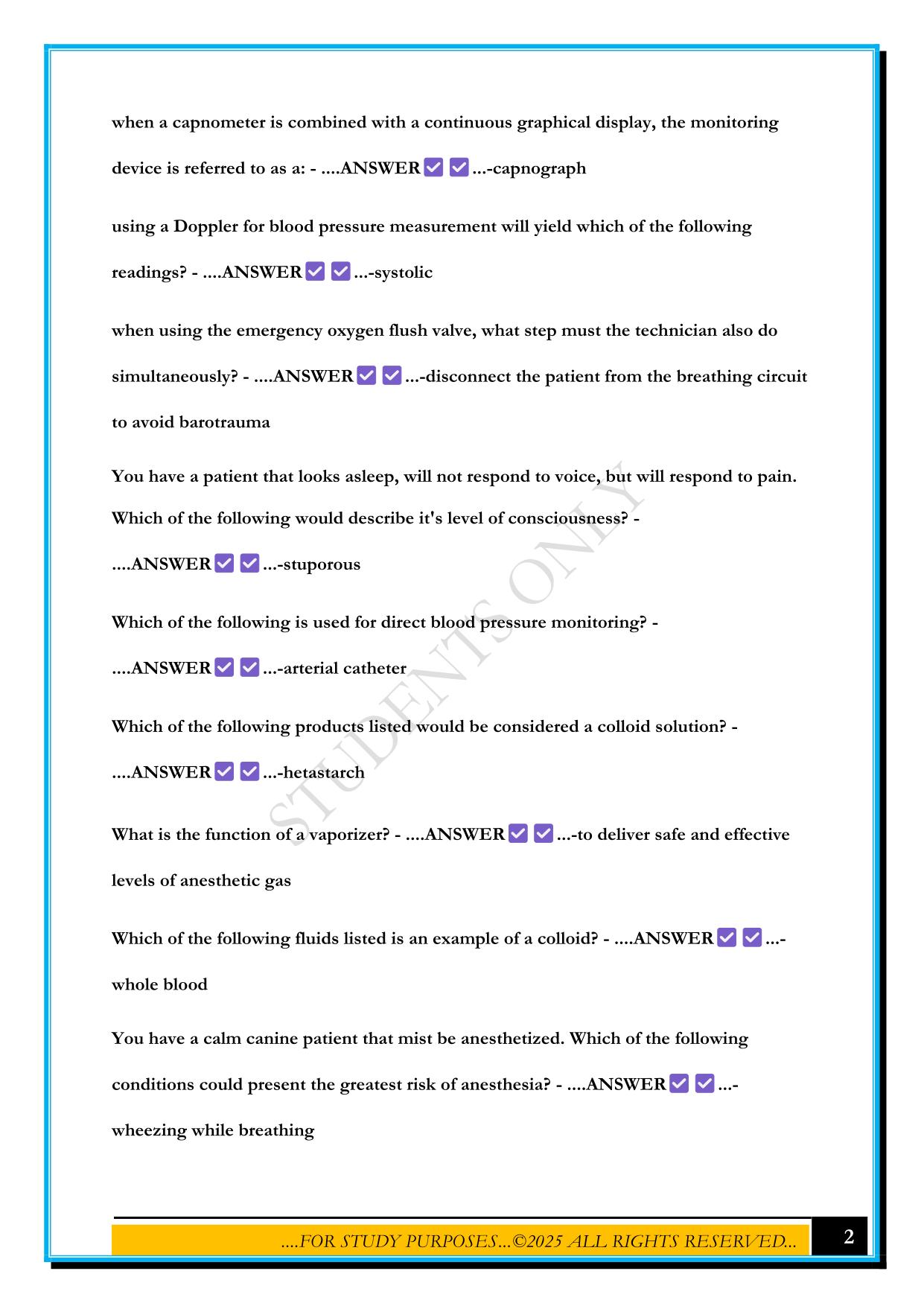 ANESTHESIA TEST 1 2025 QUESTIONS AND ANSWERS