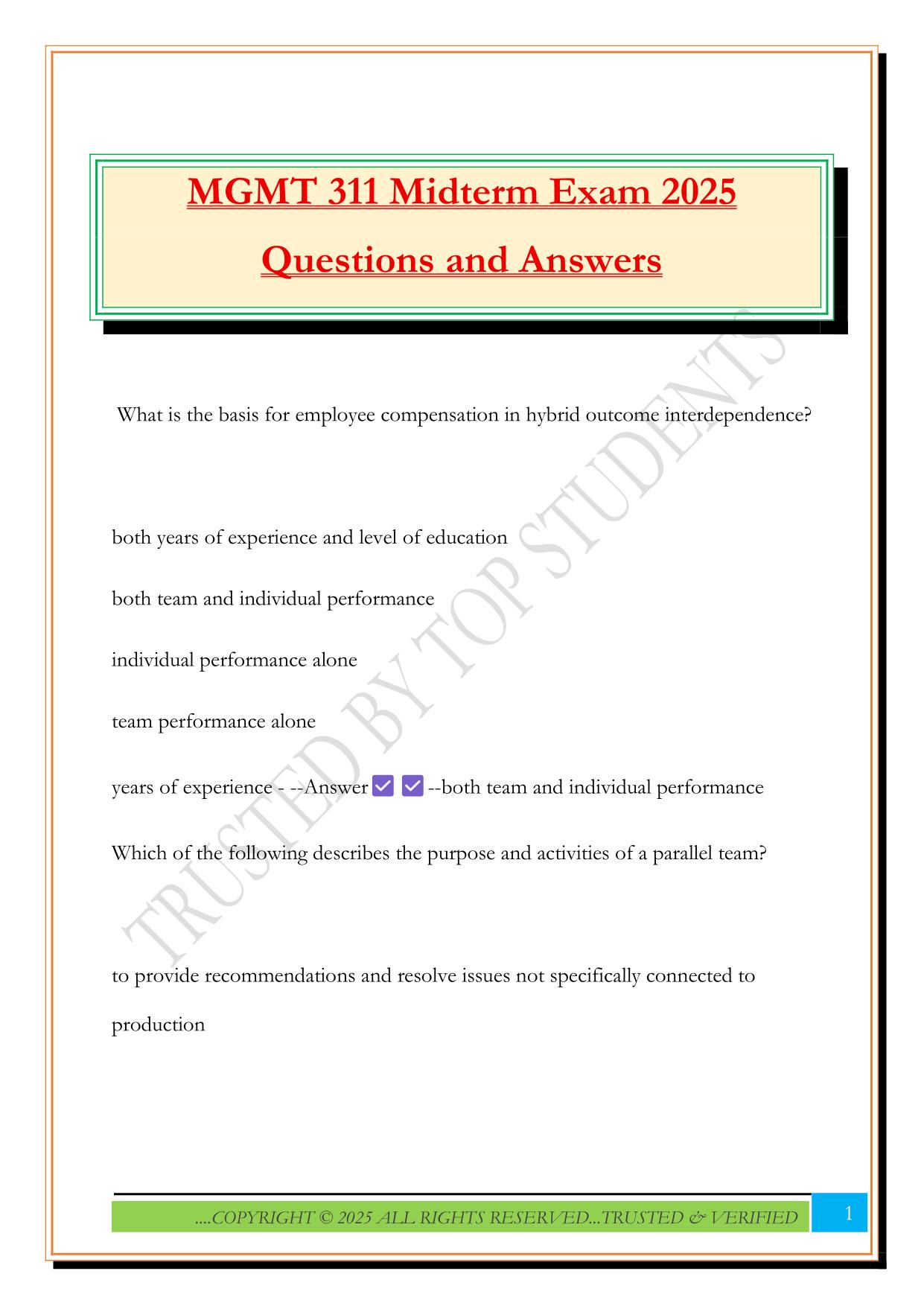 MGMT 311 Midterm Exam 2025 Questions and Answers