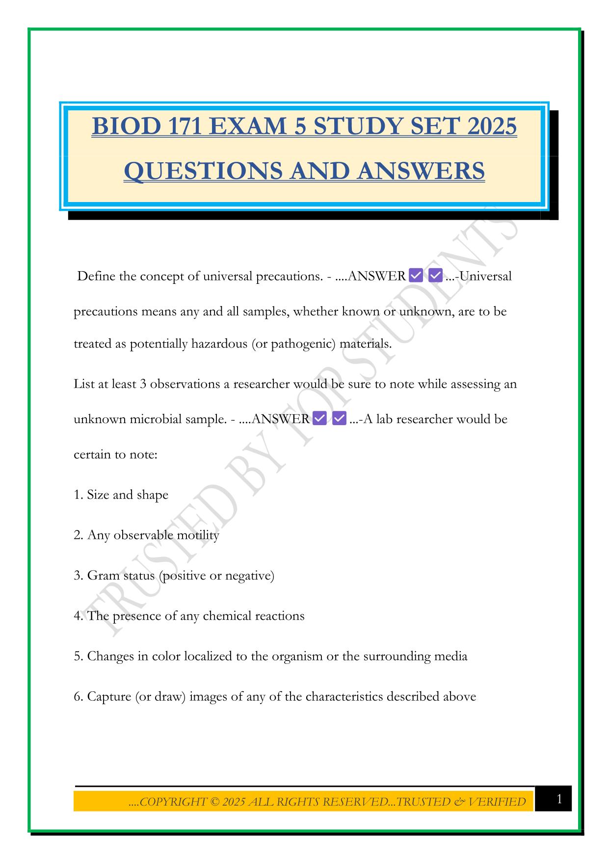BIOD 171 EXAM 5 STUDY SET 2025 QUESTIONS AND ANSWERS