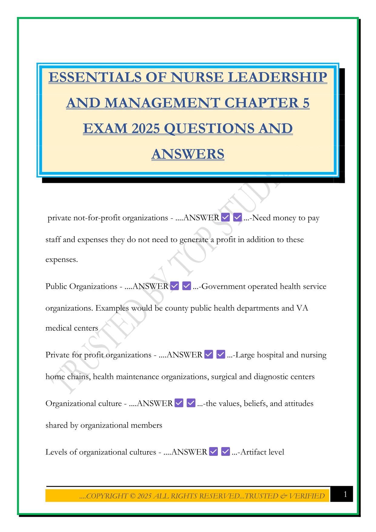 ESSENTIALS OF NURSE LEADERSHIP AND MANAGEMENT CHAPTER 5 EXAM 2025 QUESTIONS AND ANSWERS