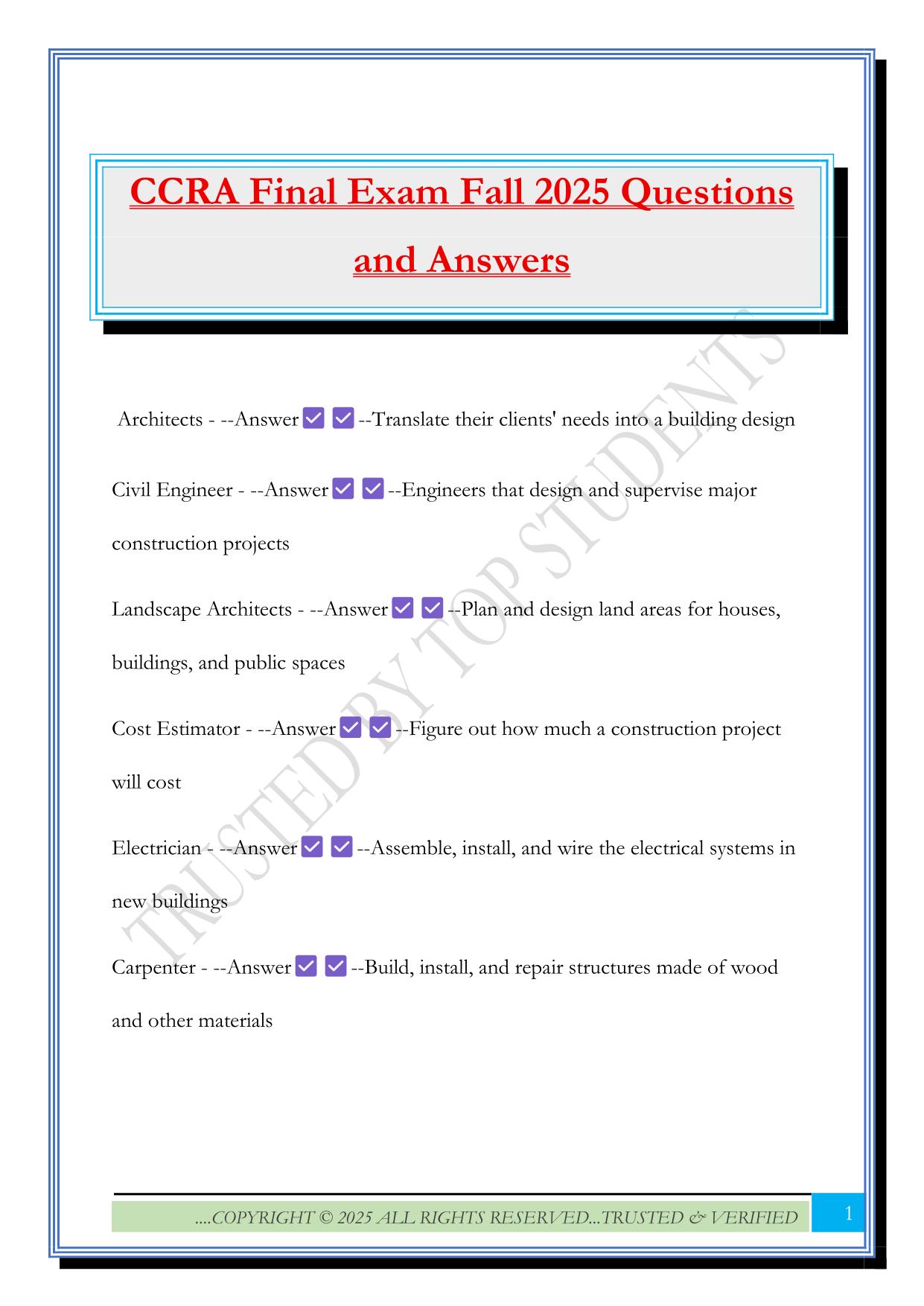 CCRA Final Exam Fall 2025 Questions and Answers