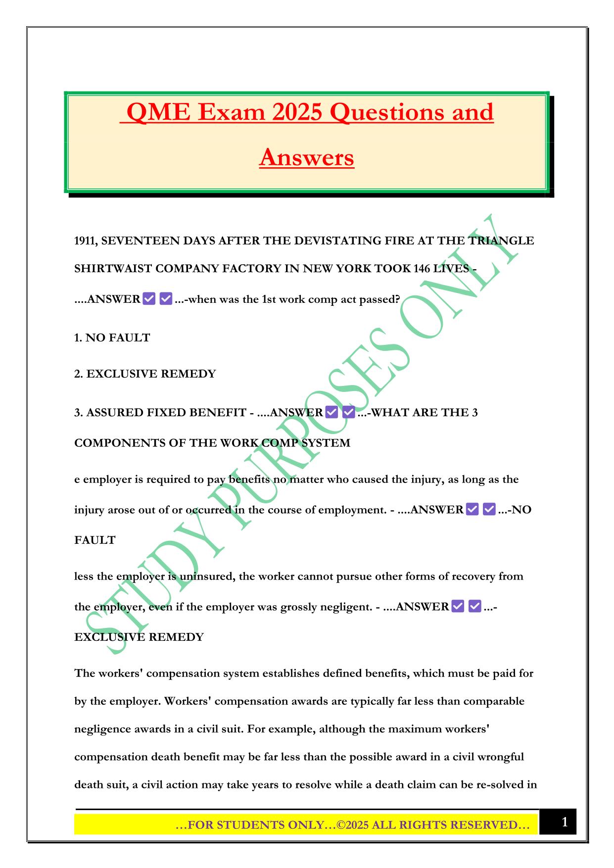 QME Exam 2025 Questions and Answers