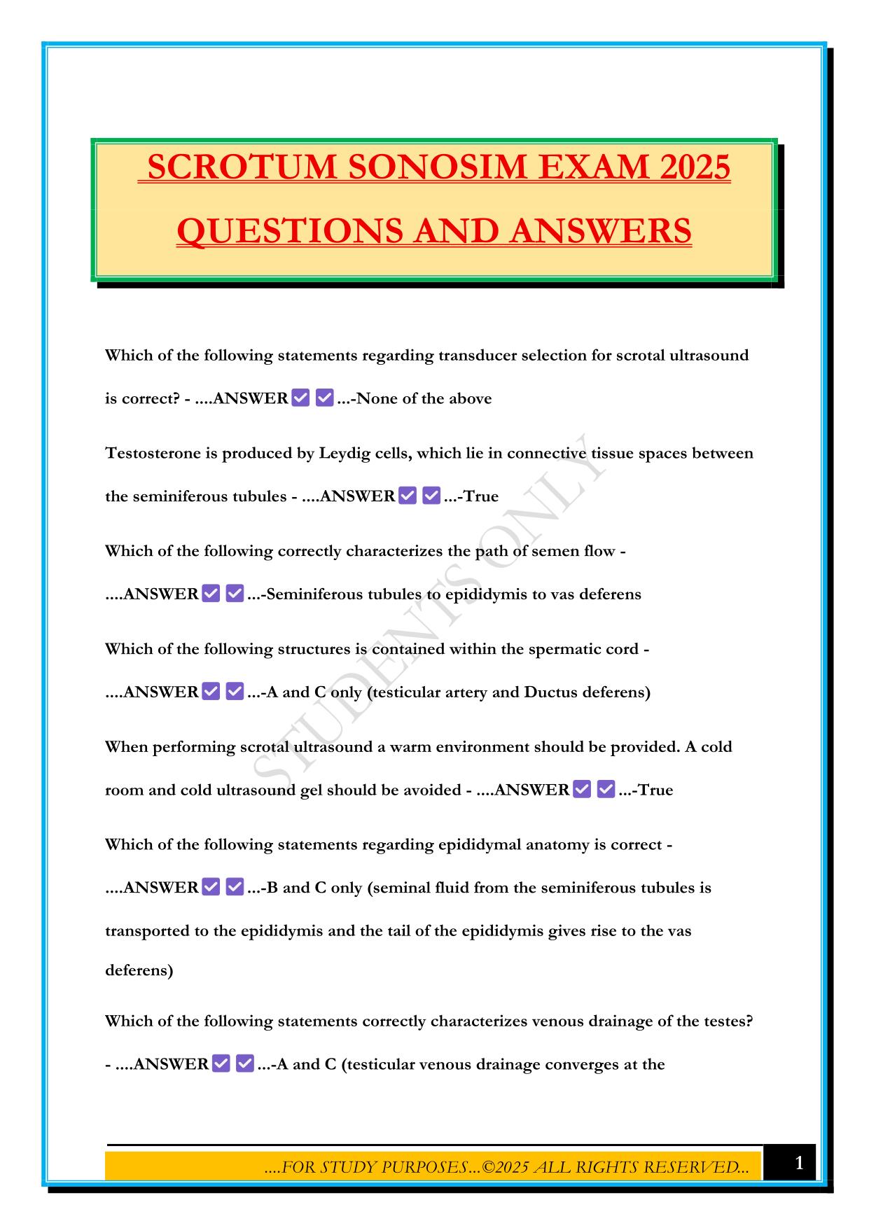 SCROTUM SONOSIM EXAM 2025 QUESTIONS AND ANSWERS