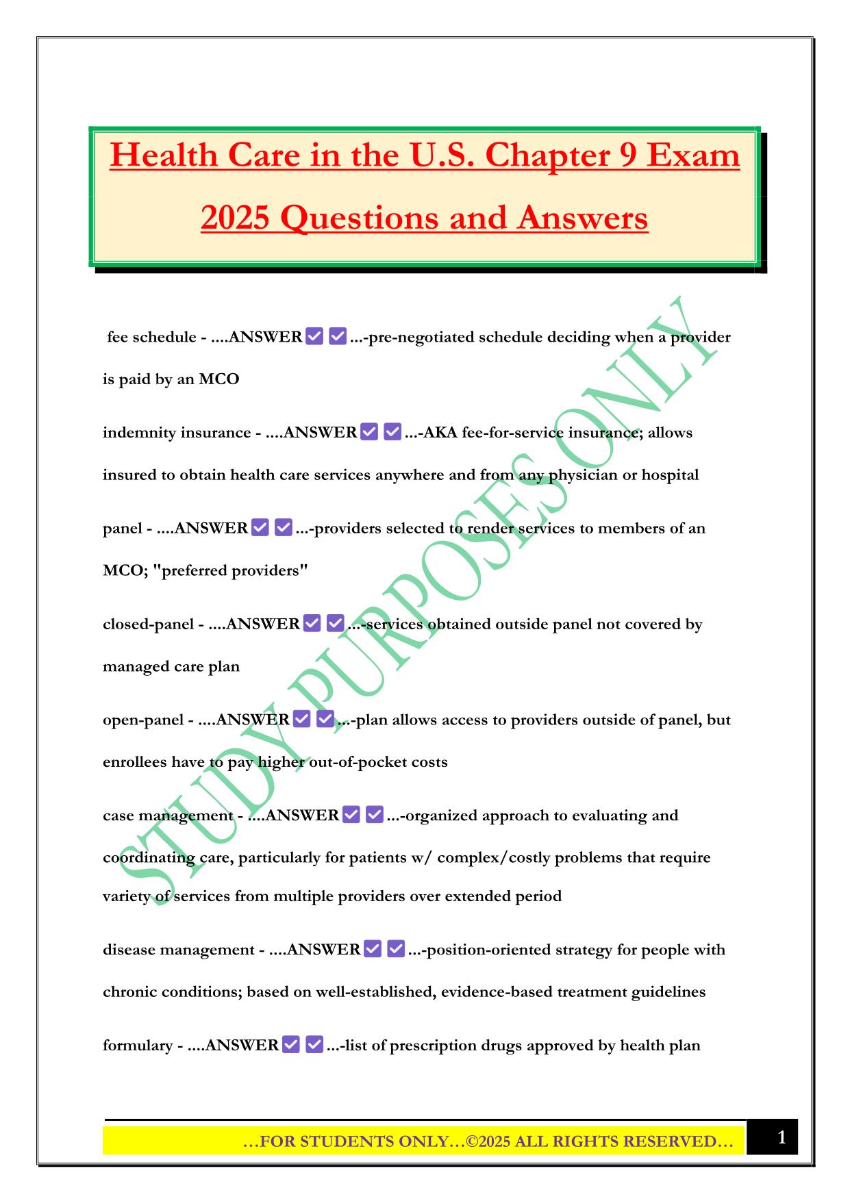 Health Care in the U.S. Chapter 9 Exam 2025 Questions and Answers