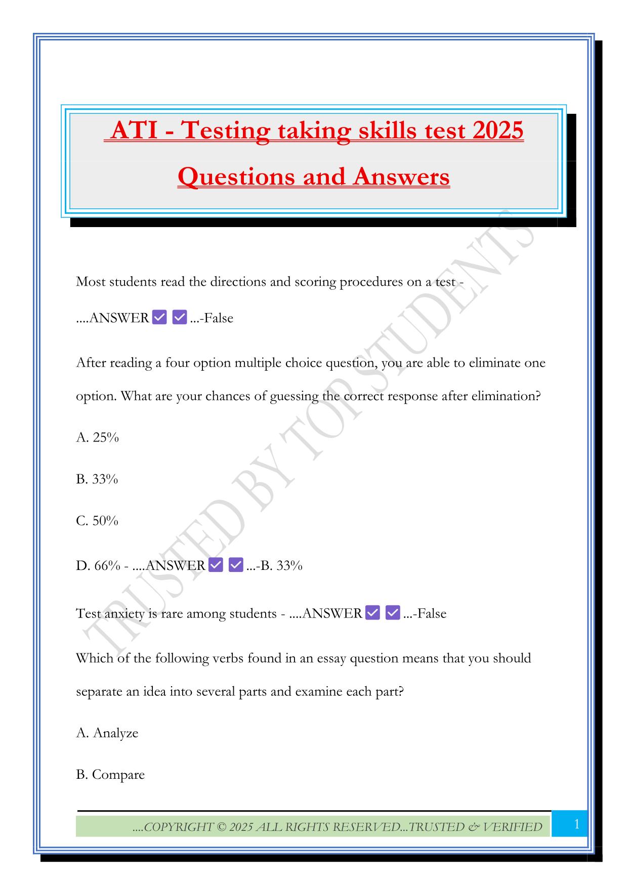 ATI - Testing taking skills test 2025 Questions and Answers