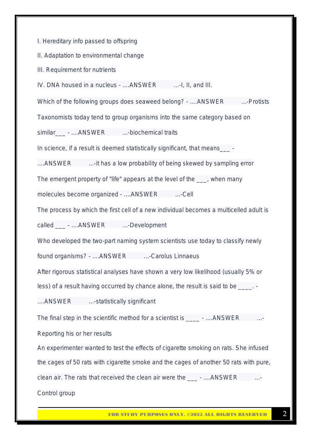 Bio 100 Exam 1 (chapters 1, 2, & 3) 2025 Questions and Answers