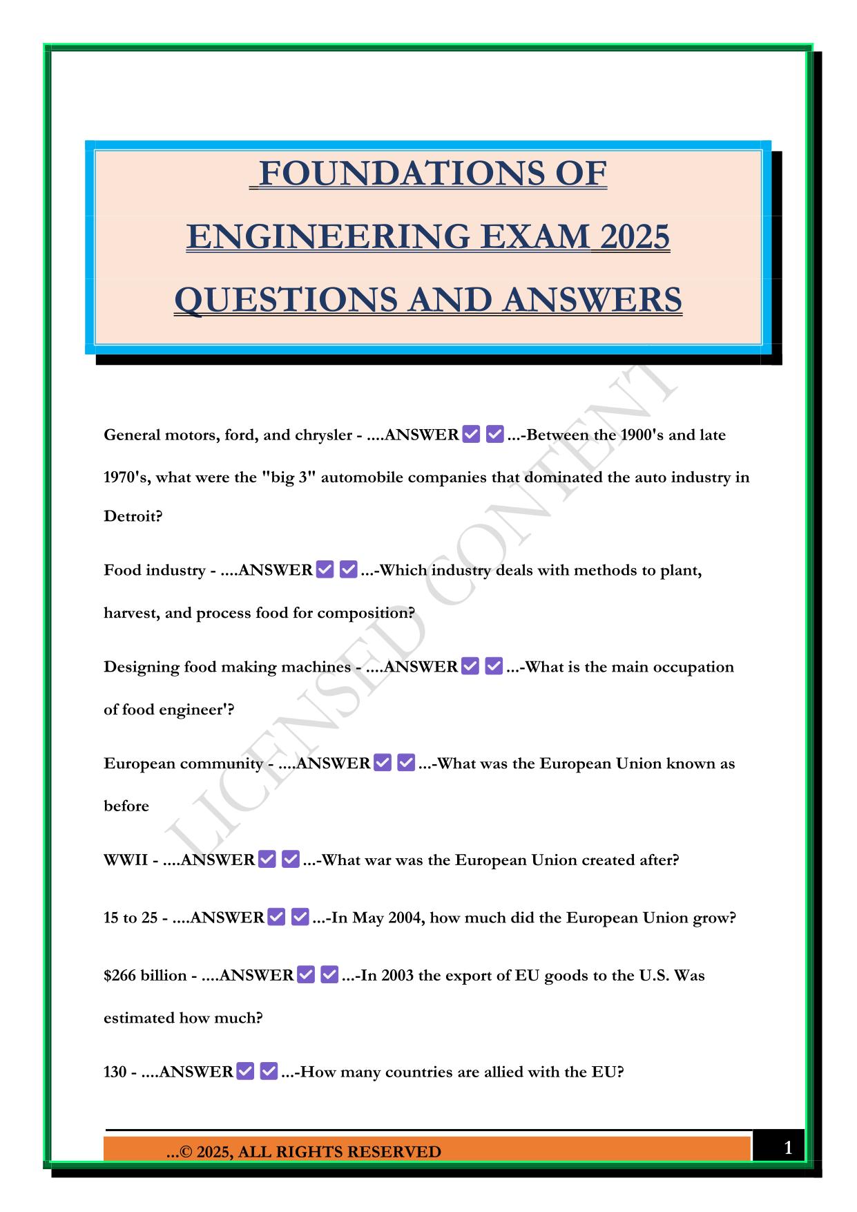 FOUNDATIONS OF ENGINEERING EXAM 2025 QUESTIONS AND ANSWERS