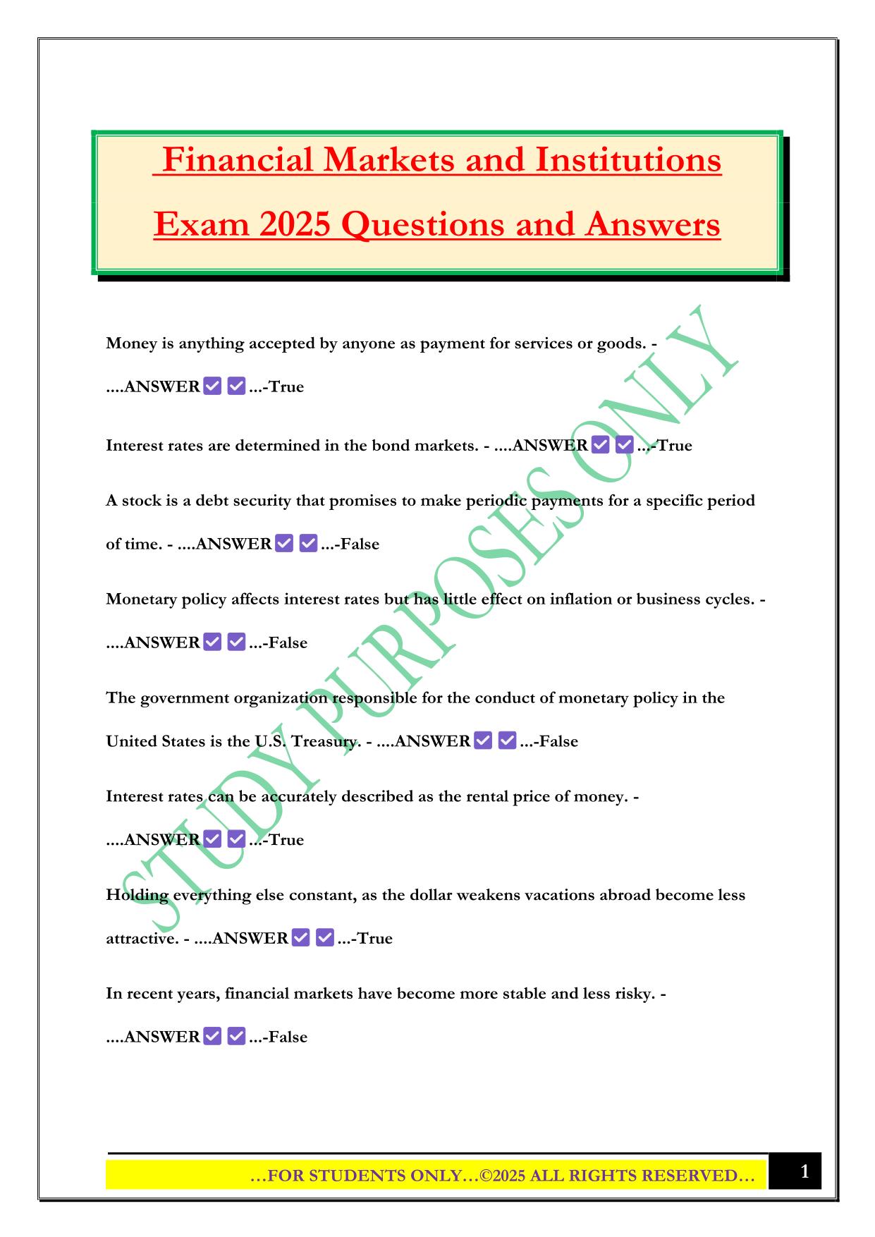 Financial Markets and Institutions Exam 2025 Questions and Answers