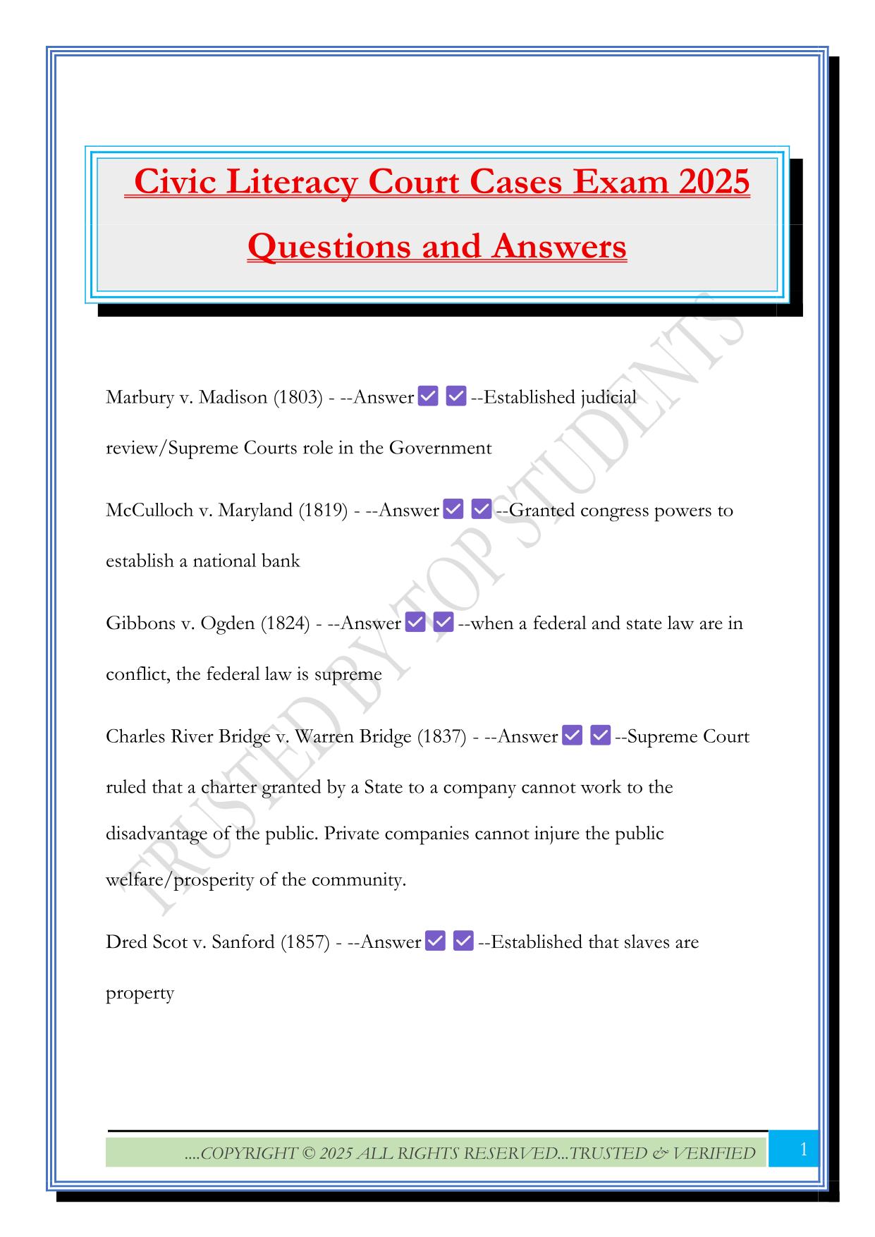 Civic Literacy Court Cases Exam 2025 Questions and Answers