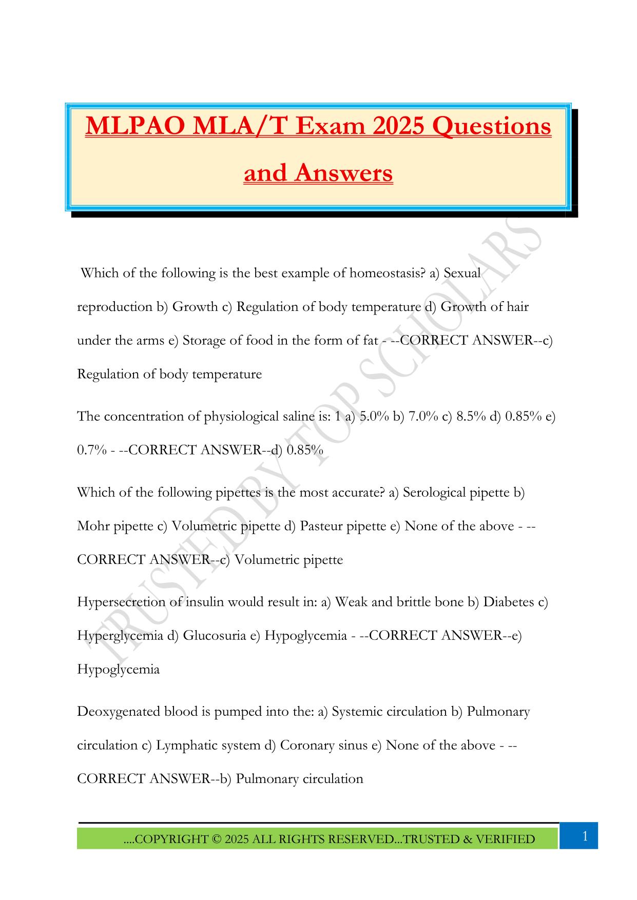 MLPAO MLA/T Exam 2025 Questions and Answers