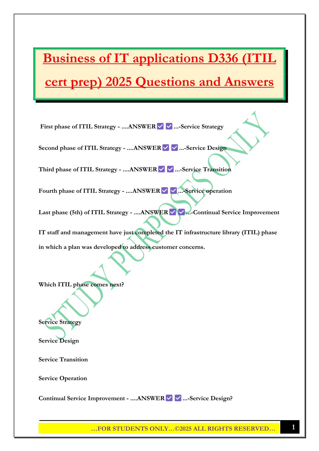 Business of IT applications D336 (ITIL cert prep) 2025 Questions and Answers