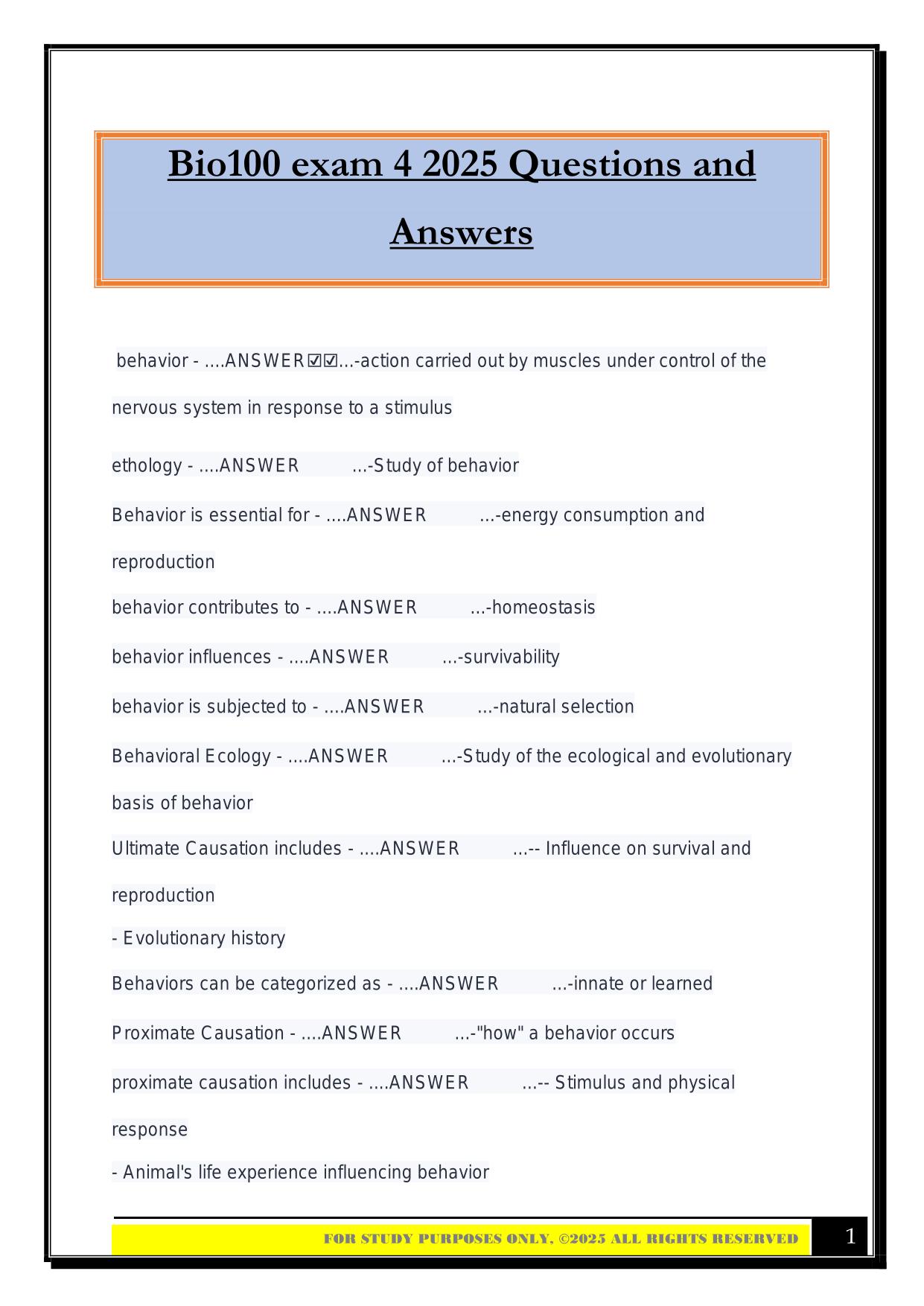 Bio100 exam 4 2025 Questions and Answers
