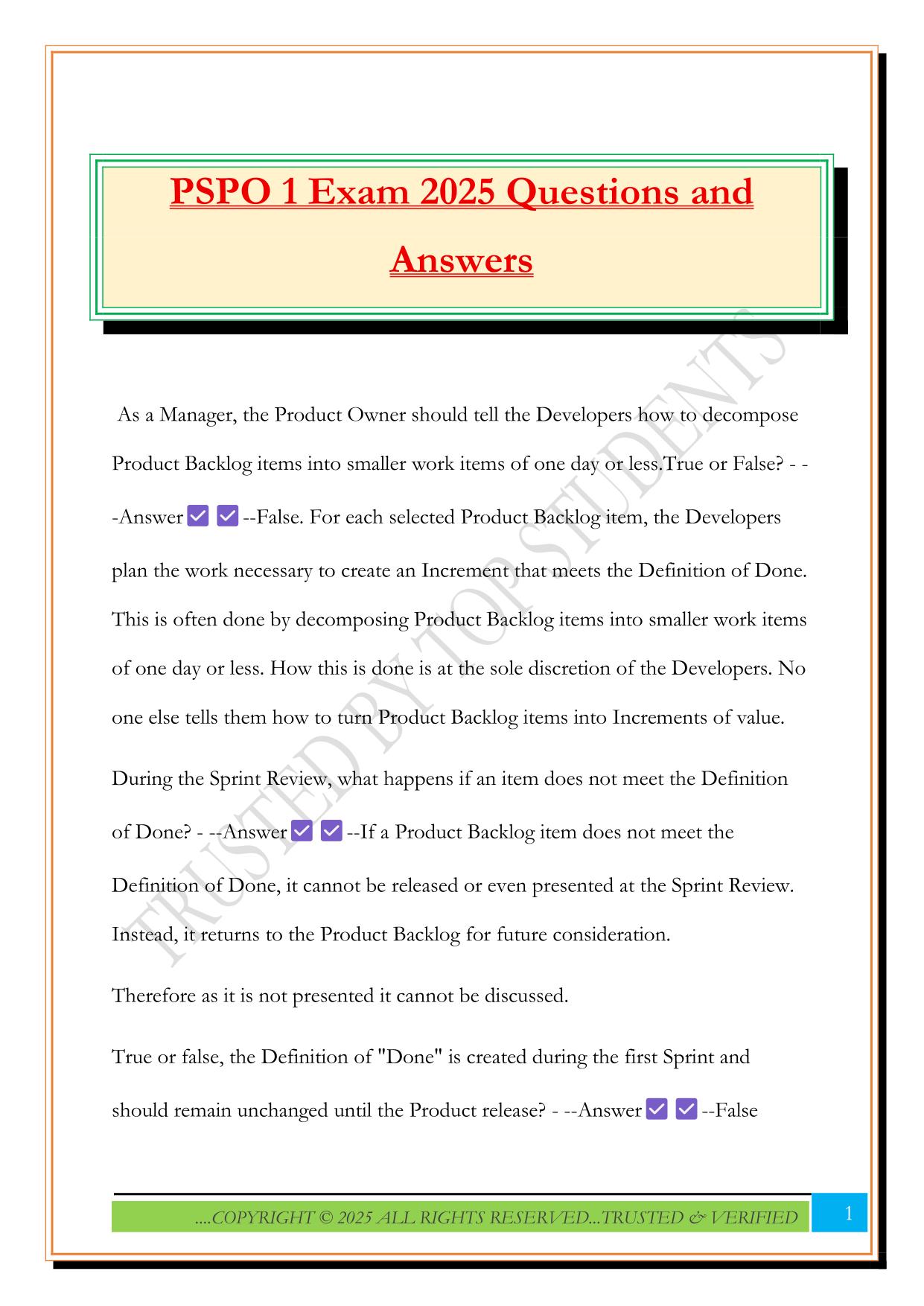PSPO 1 Exam 2025 Questions and Answers