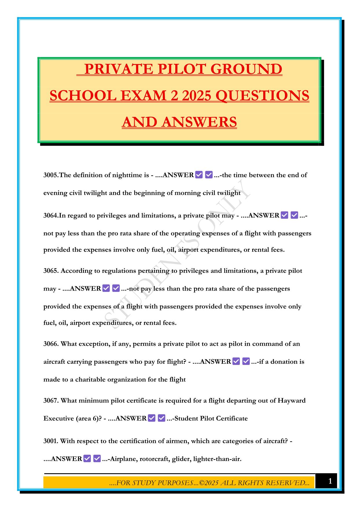PRIVATE PILOT GROUND SCHOOL EXAM 2 2025 QUESTIONS AND ANSWERS