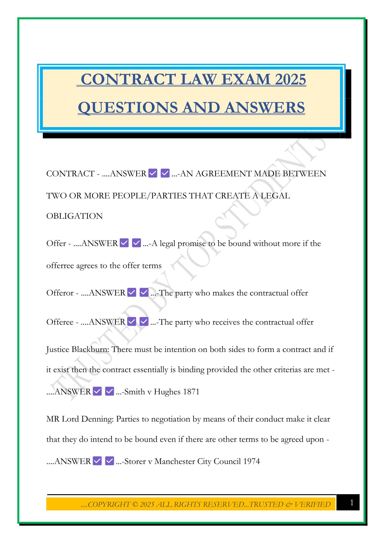 CONTRACT LAW EXAM 2025 QUESTIONS AND ANSWERS