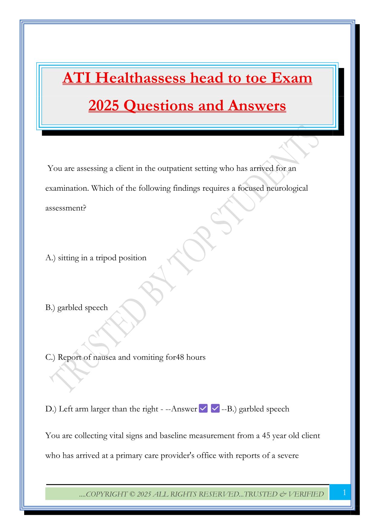 ATI Healthassess head to toe Exam 2025 Questions and Answers