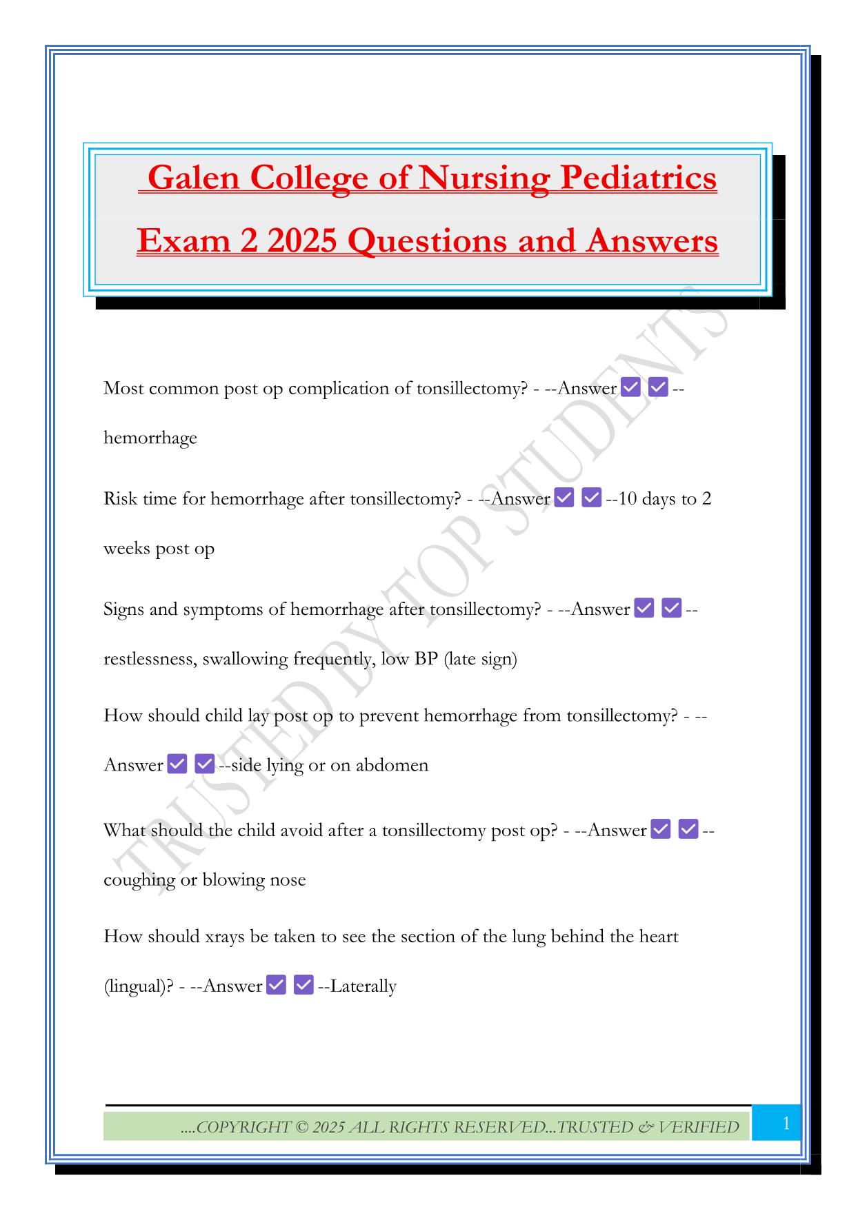 Galen College of Nursing Pediatrics Exam 2 2025 Questions and Answers