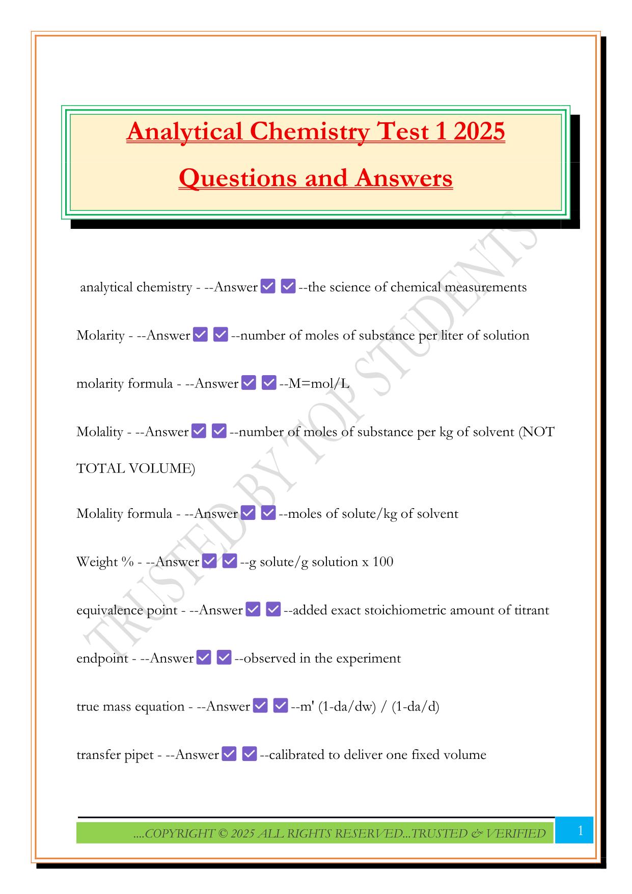 Analytical Chemistry Test 1 2025 Questions and Answers