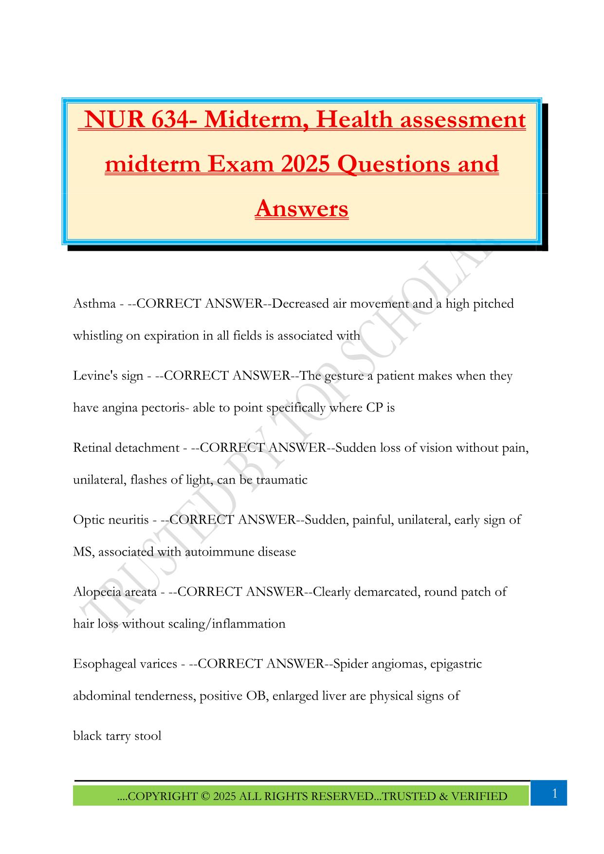 NUR 634- Midterm, Health assessment midterm Exam 2025 Questions and Answers