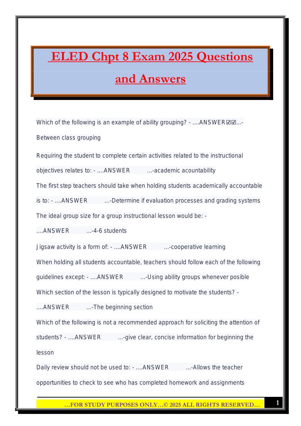 ELED Bundled Exams 2025/2026 |Questions and Answers|100% Pass