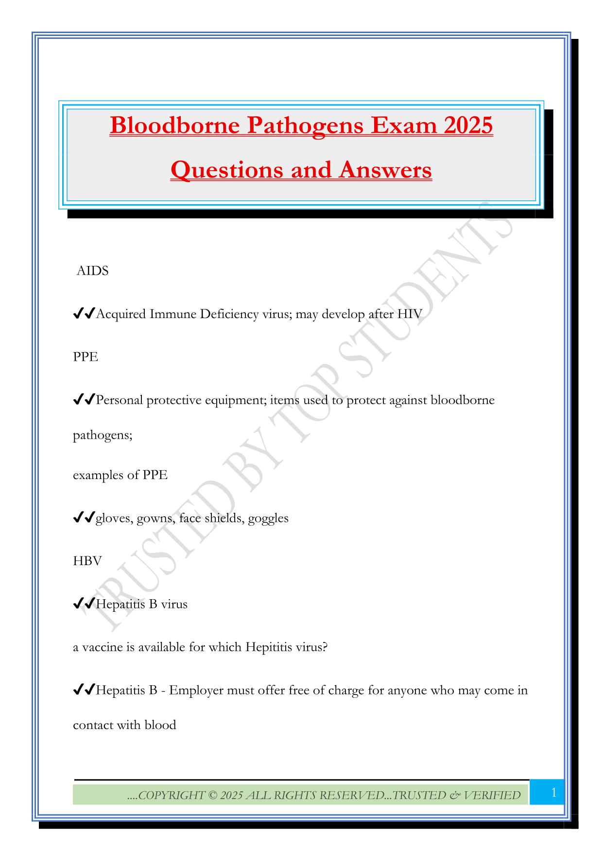 Bloodborne Pathogens Exam 2025 Questions and Answers