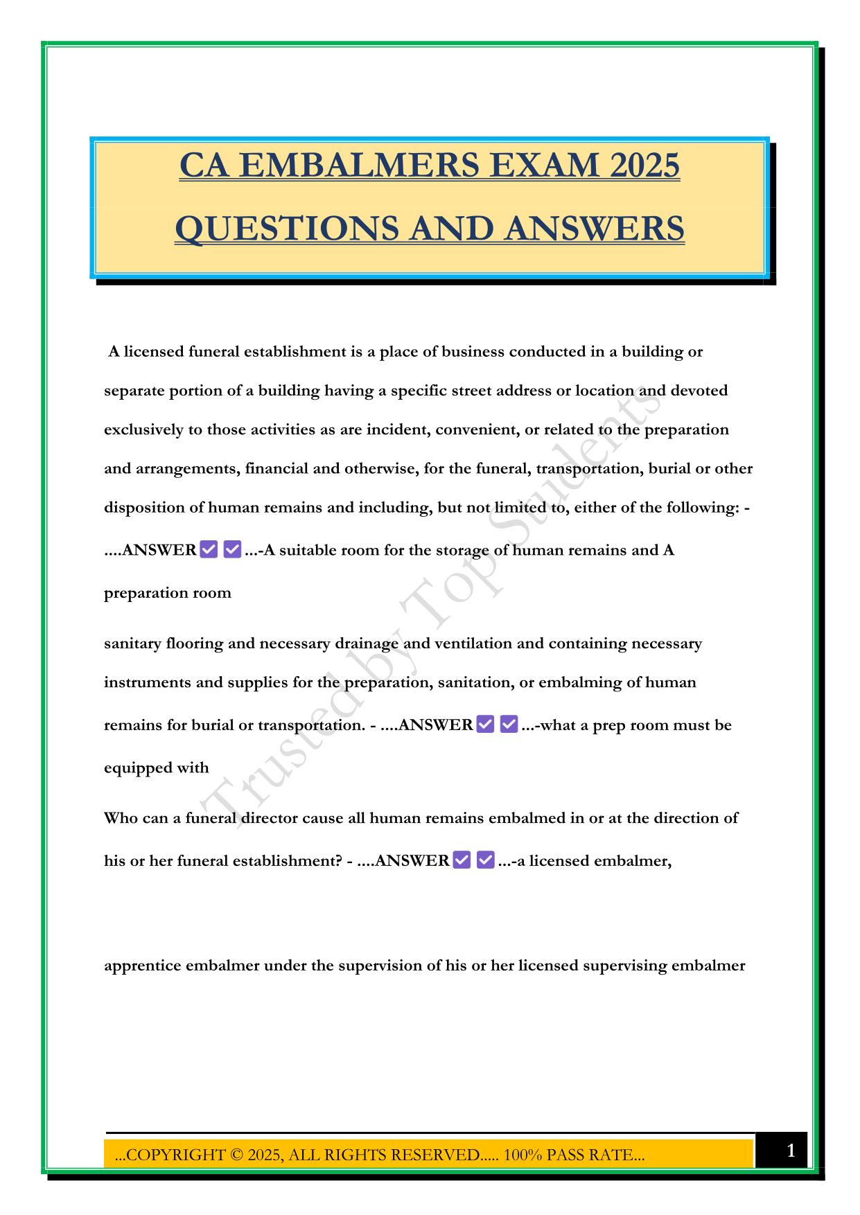 CA EMBALMERS EXAM 2025 QUESTIONS AND ANSWERS