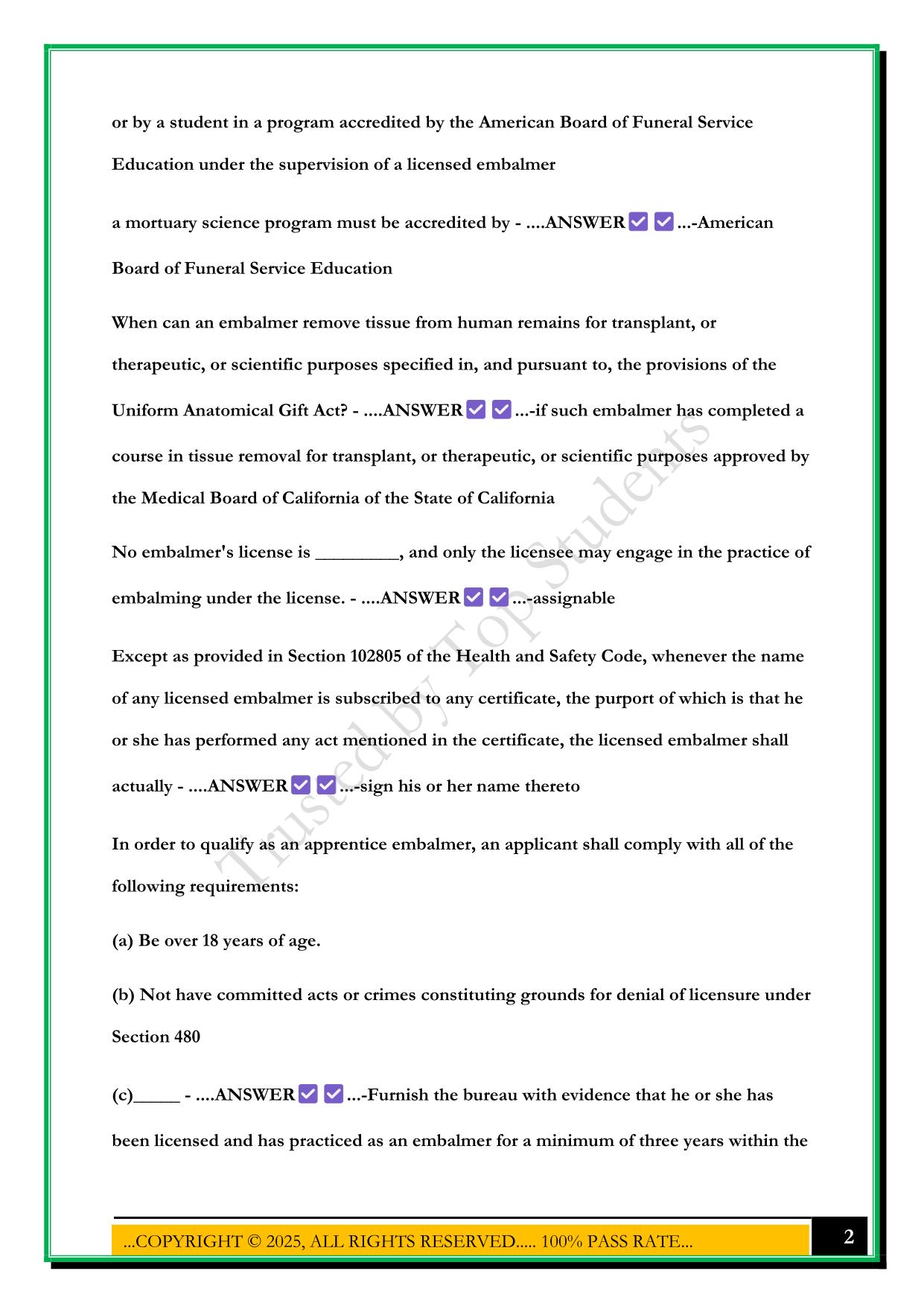 CA EMBALMERS EXAM 2025 QUESTIONS AND ANSWERS