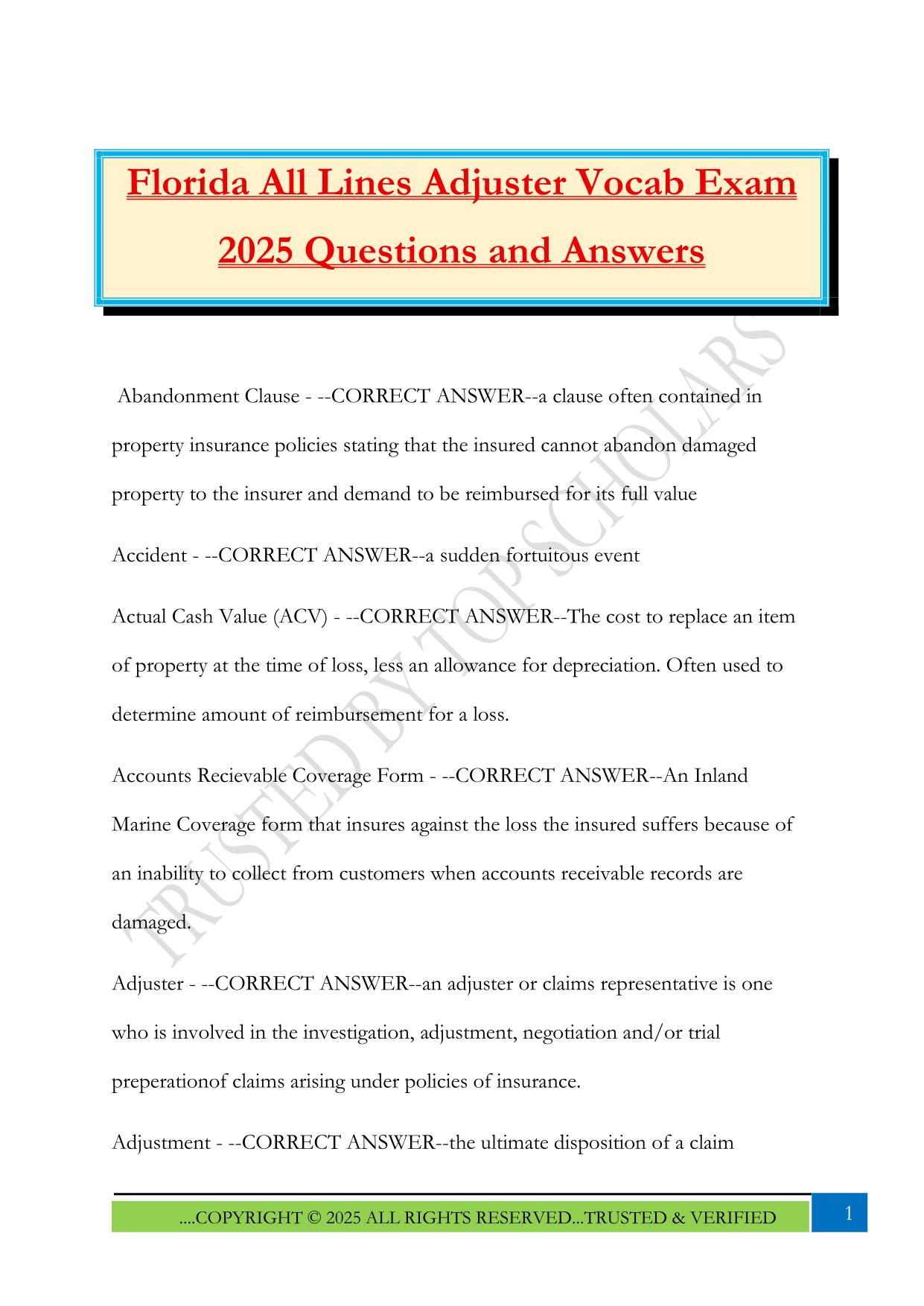 Florida Insurance Fall 2025 Bundled Exams Questions and Answers |100% Pass Updated & Verified