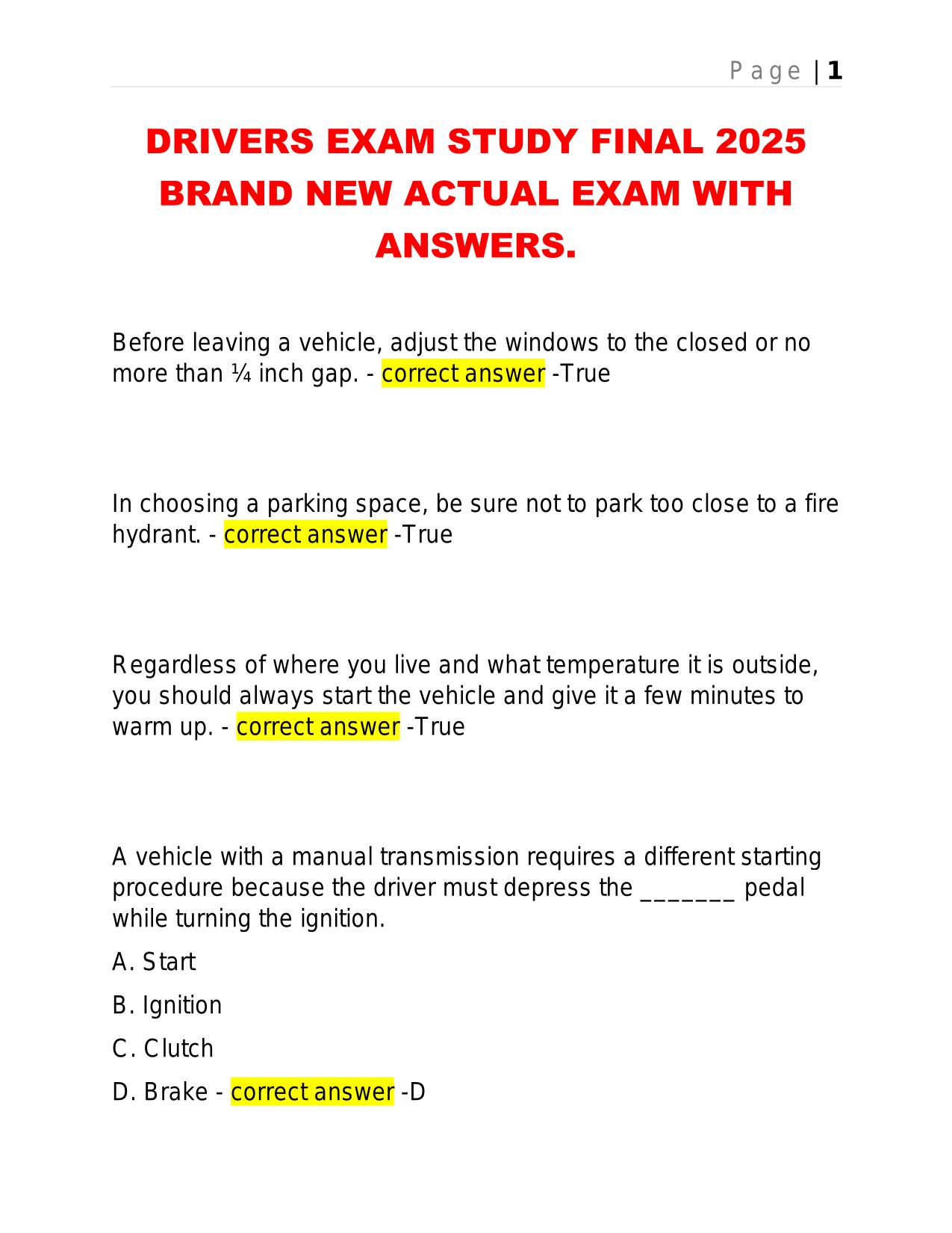 DRIVERS EXAM STUDY FINAL 2025 BRAND NEW ACTUAL EXAM WITH ANSWERS.